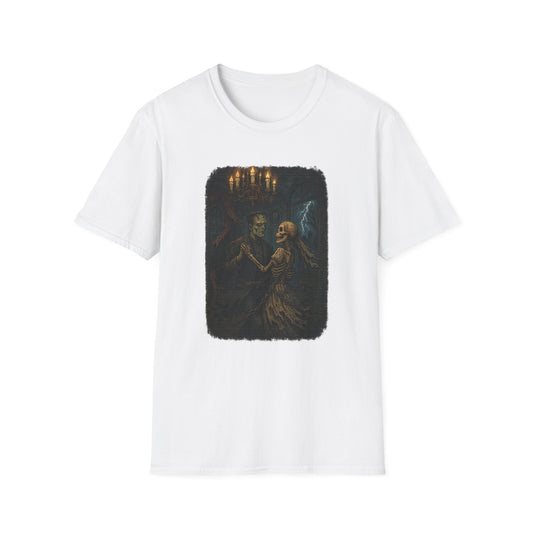 White Frankenstein couple t-shirt by Printify featuring a dark gothic design of Frankenstein and his bride dancing