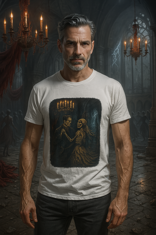Printify Frankenstein couple t-shirt featuring a spooky skeleton couple design with candles in a dark gothic setting