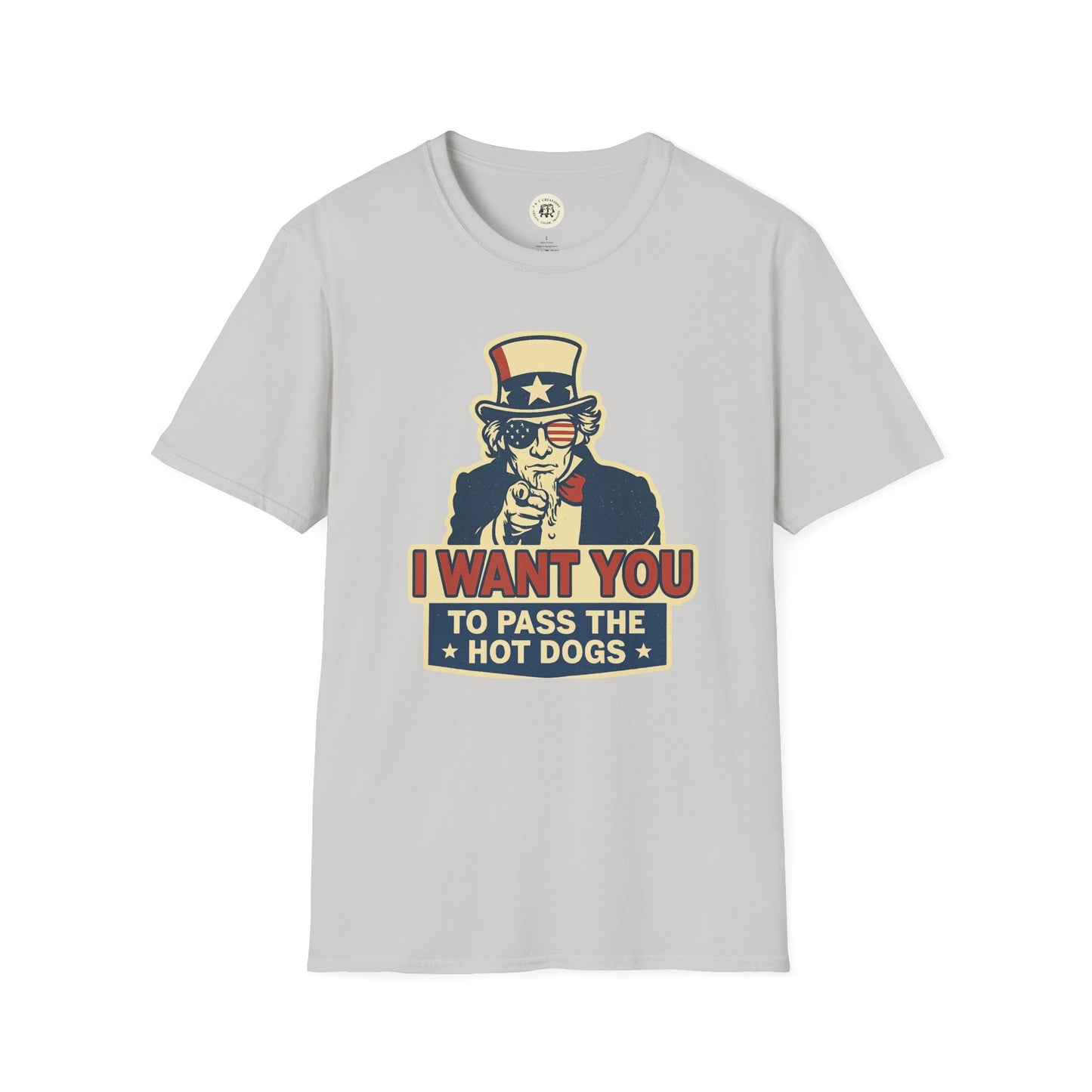 Printify funny Independence Day t-shirt with Uncle Sam cartoon and hot dogs slogan