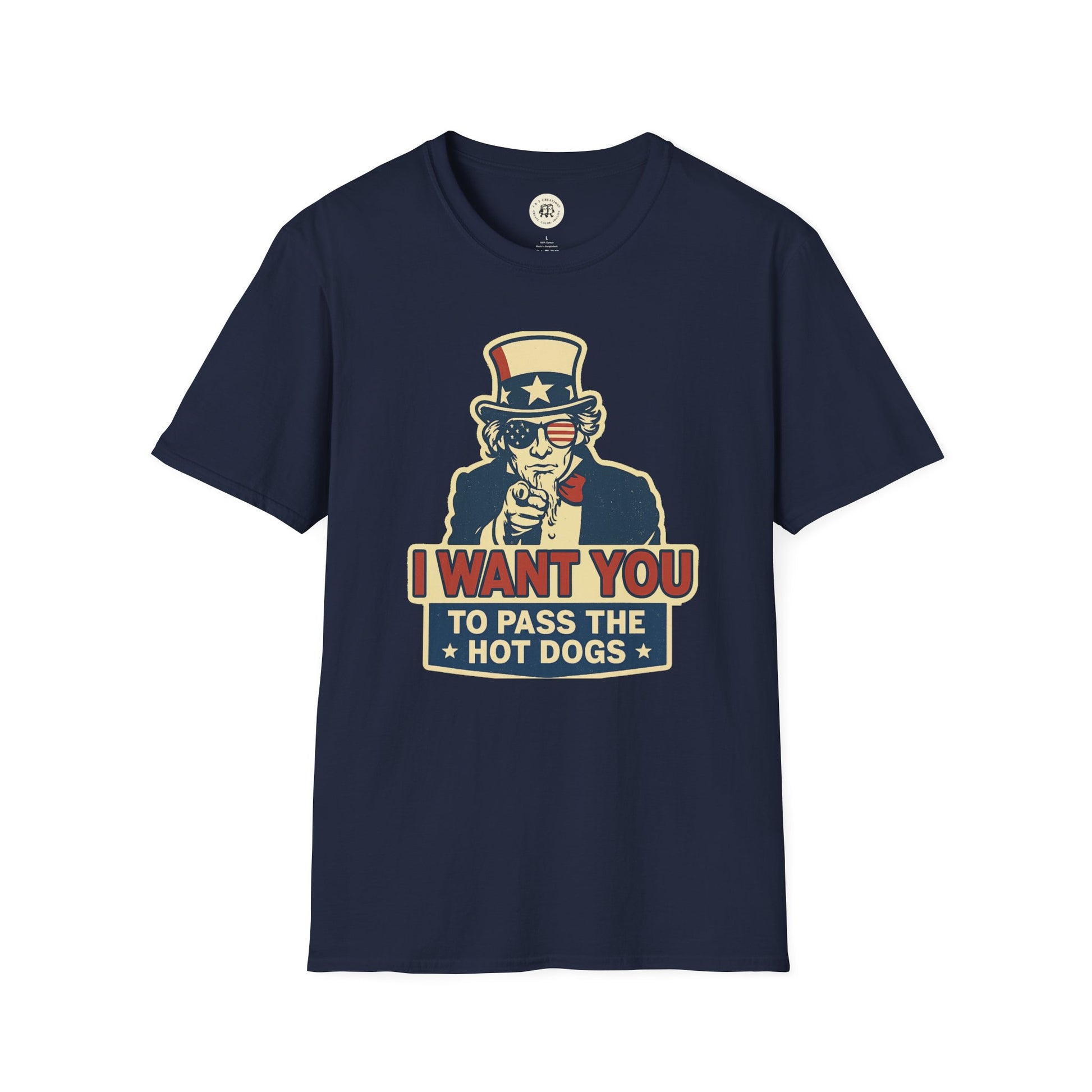 Printify navy funny Independence Day t-shirt with Uncle Sam graphic and hot dogs text