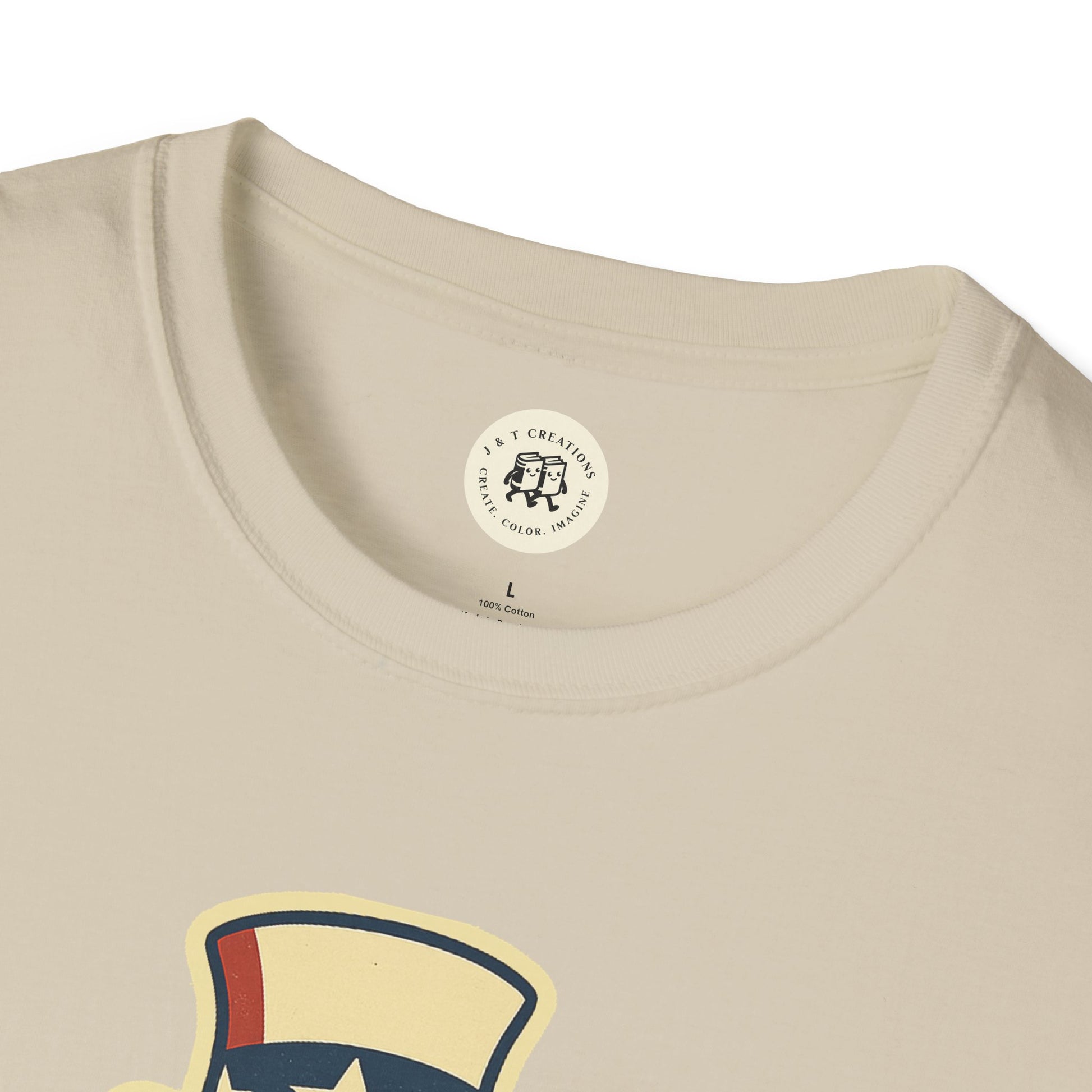 Close-up of beige funny Independence Day t-shirt collar and upper print design by Printify