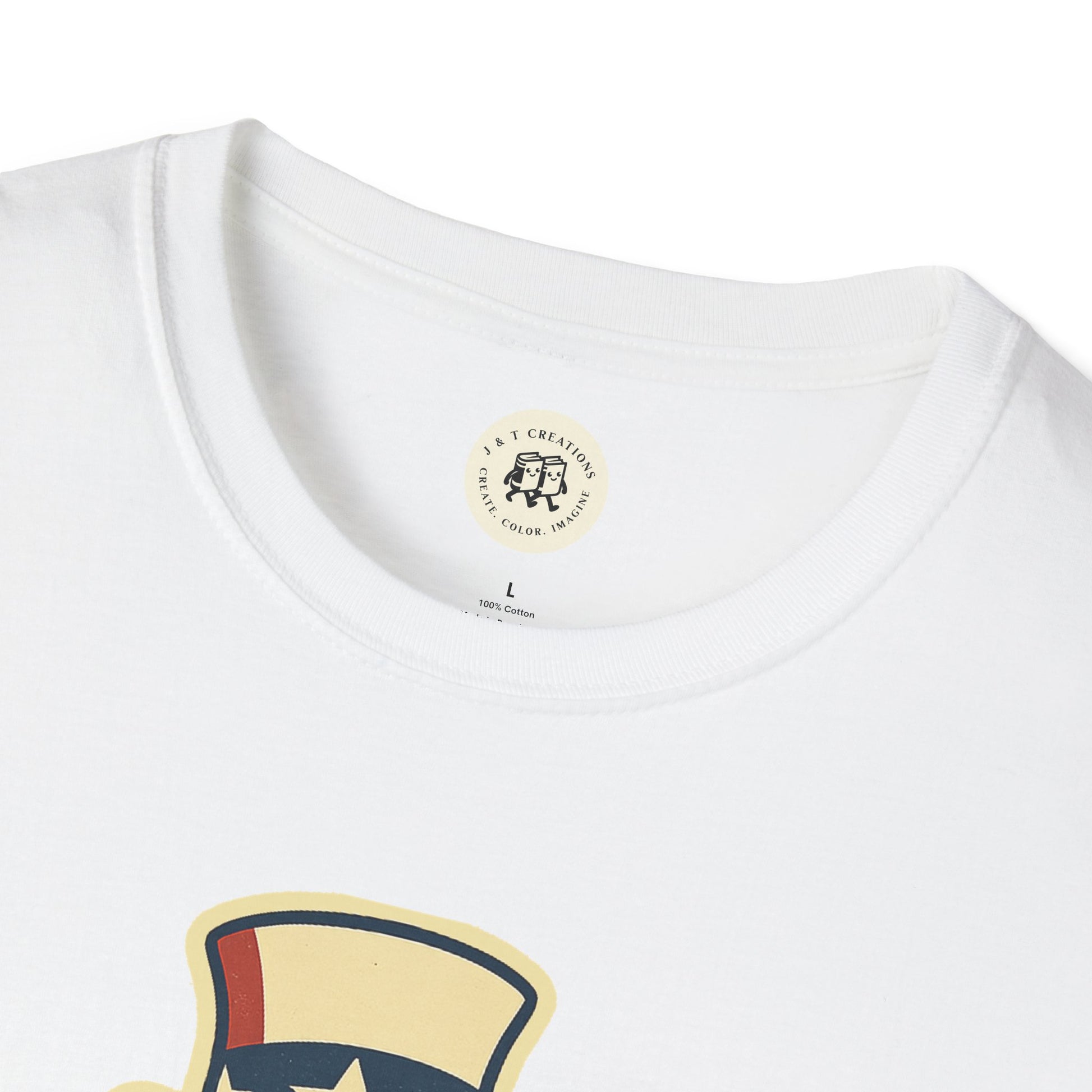 White Printify funny Independence Day t-shirt with a patriotic graphic design