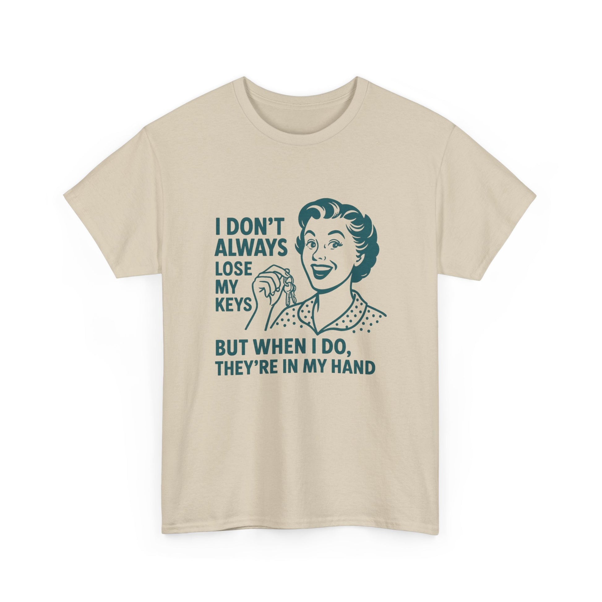 Beige funny key holder t-shirt with retro woman and humorous keys quote by Printify