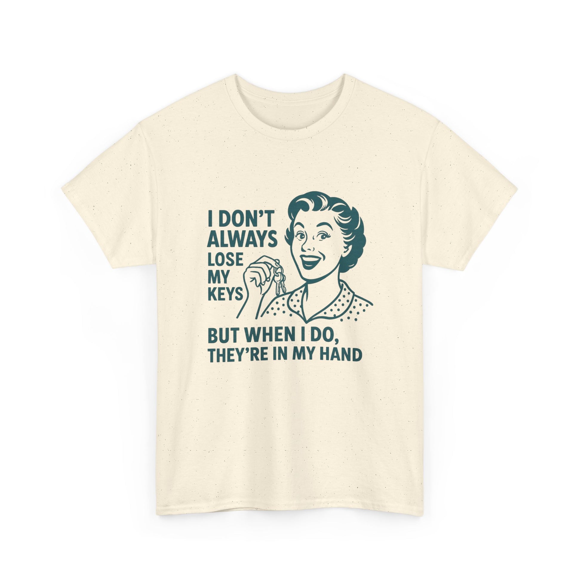 Funny key holder t-shirt by Printify with retro woman holding keys and humorous text