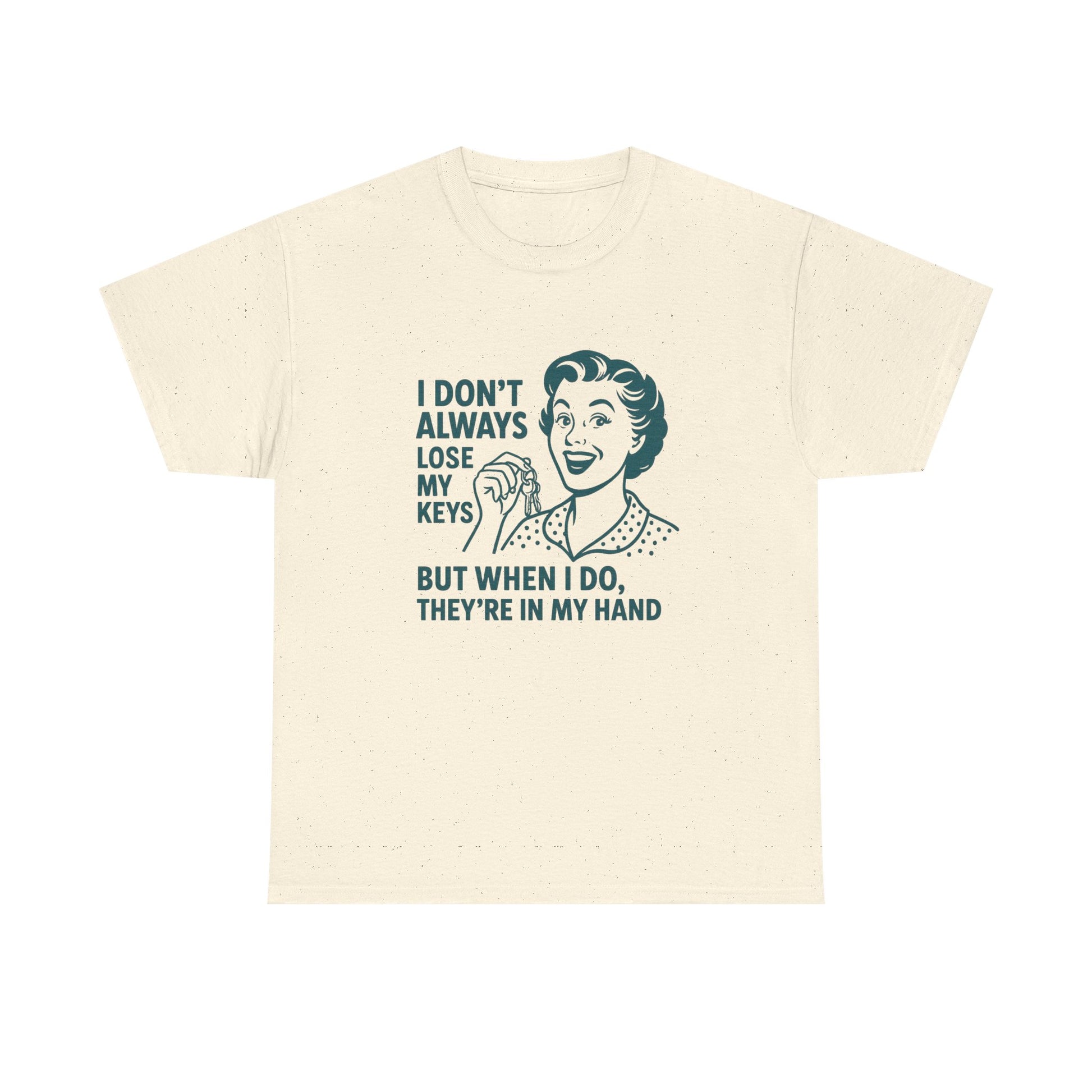 Printify funny key holder t-shirt in cream with retro woman and humorous key loss quote