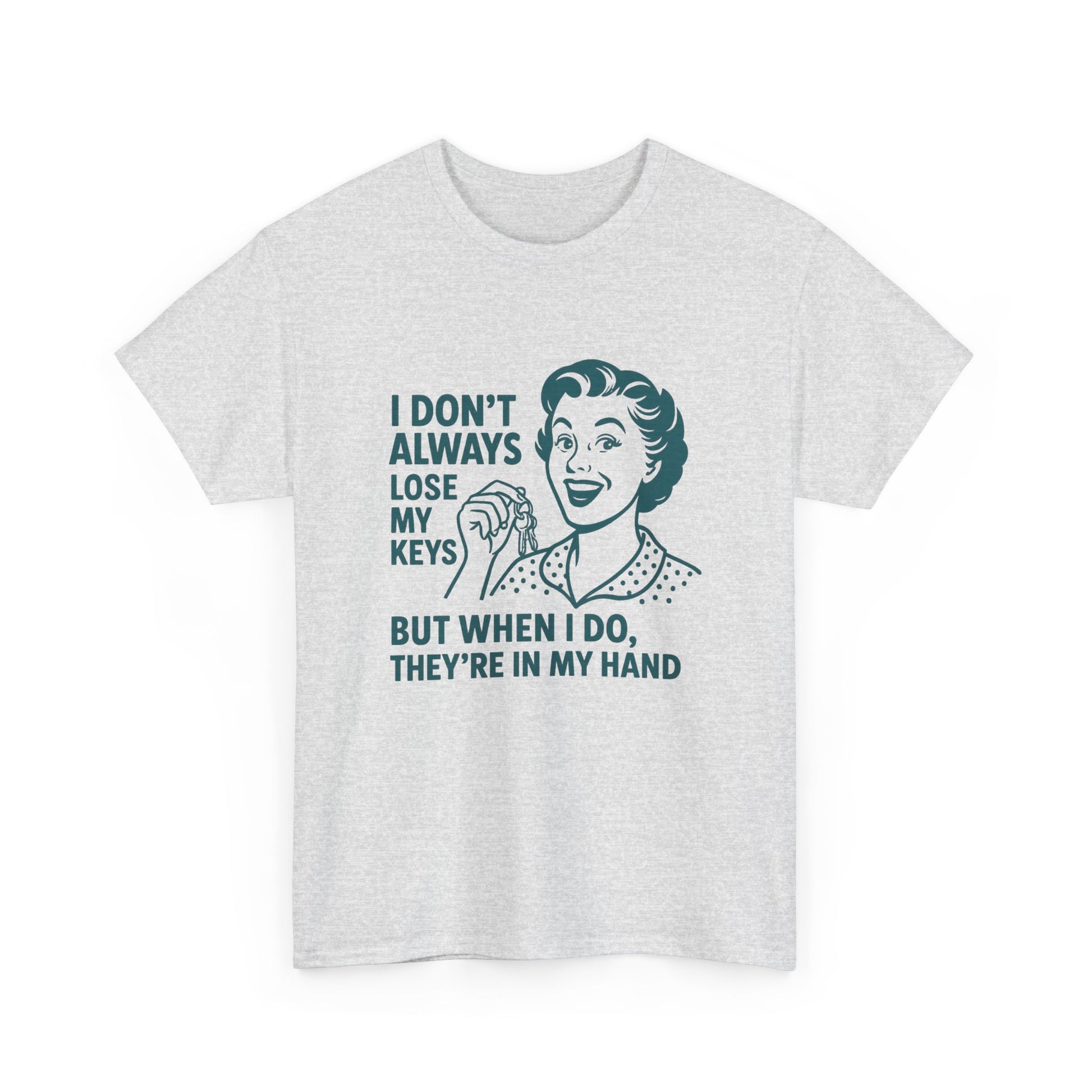 Printify funny key holder t-shirt with retro woman graphic and humorous text about losing keys