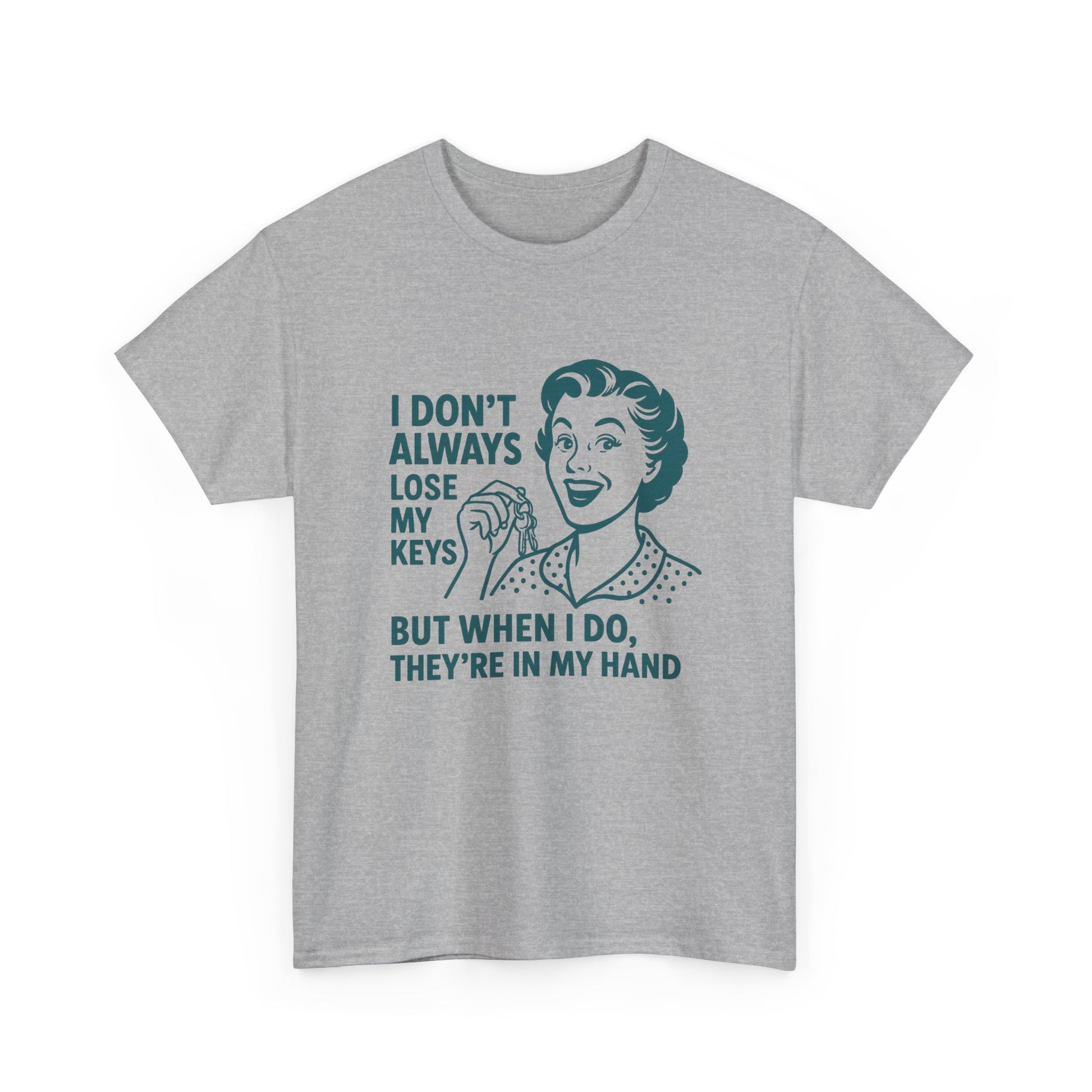 Printify funny key holder t-shirt in gray with retro woman holding keys and humorous text design