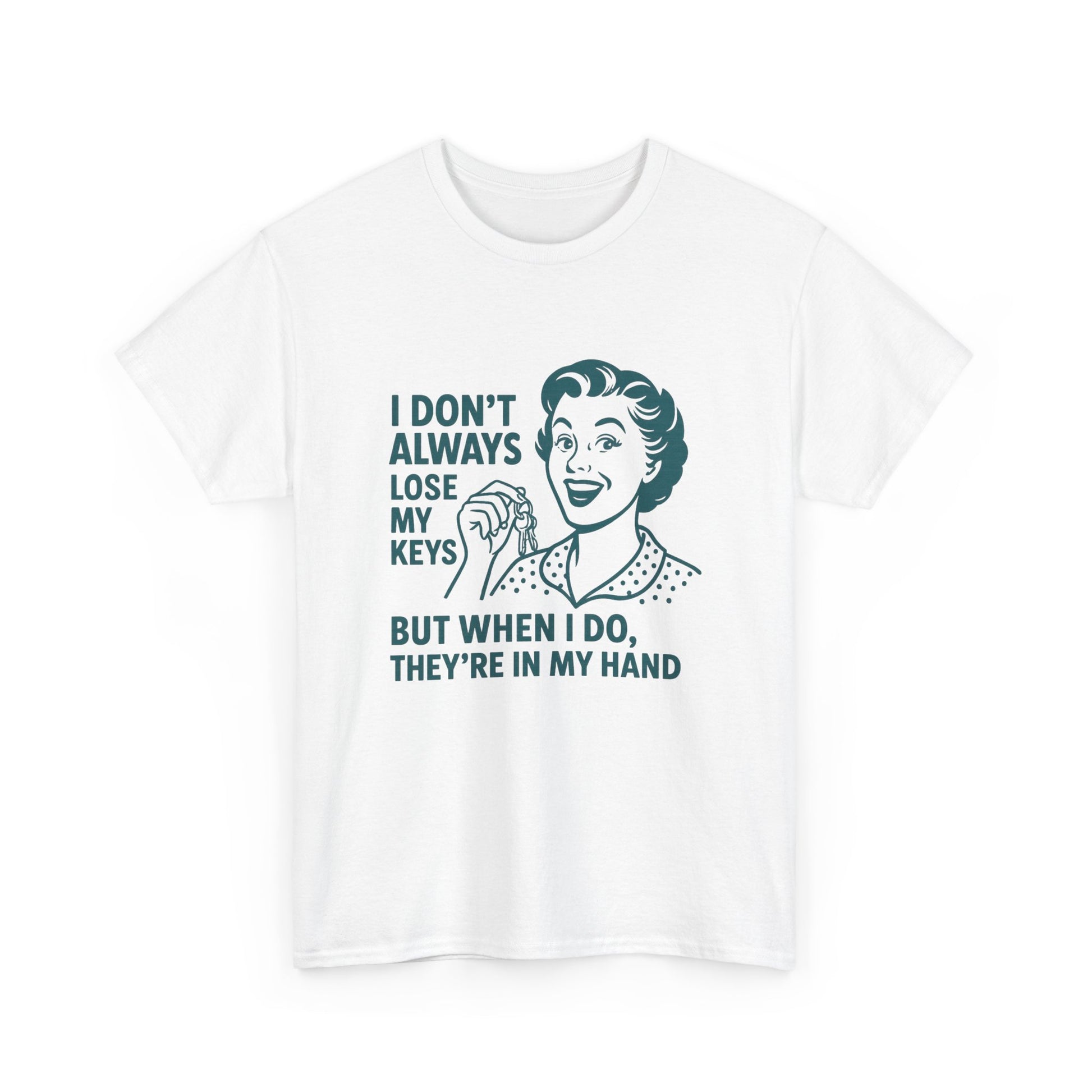White funny key holder t-shirt with retro woman graphic and humorous key loss quote from Printify