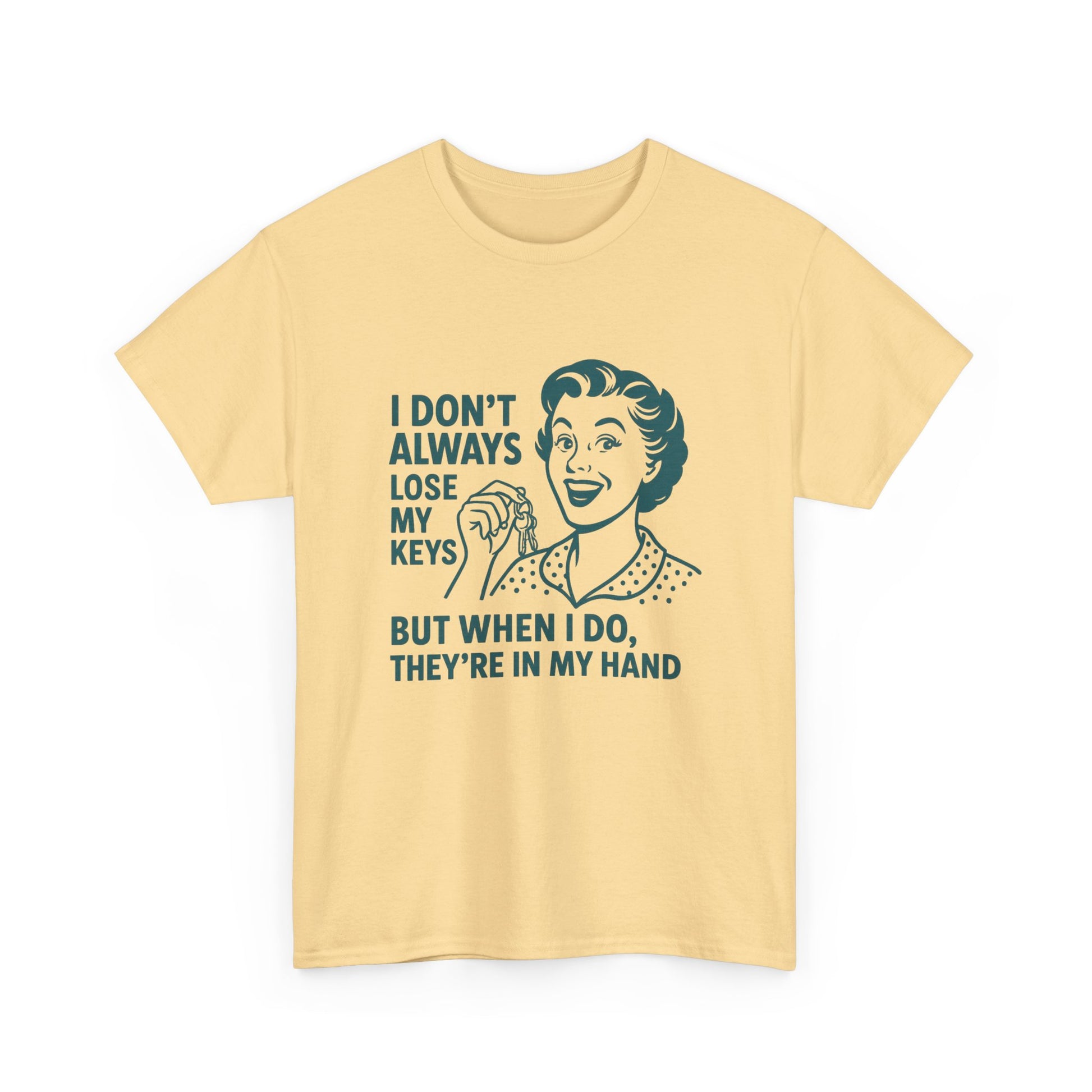 Printify funny key holder t-shirt with retro woman graphic and humorous key loss quote