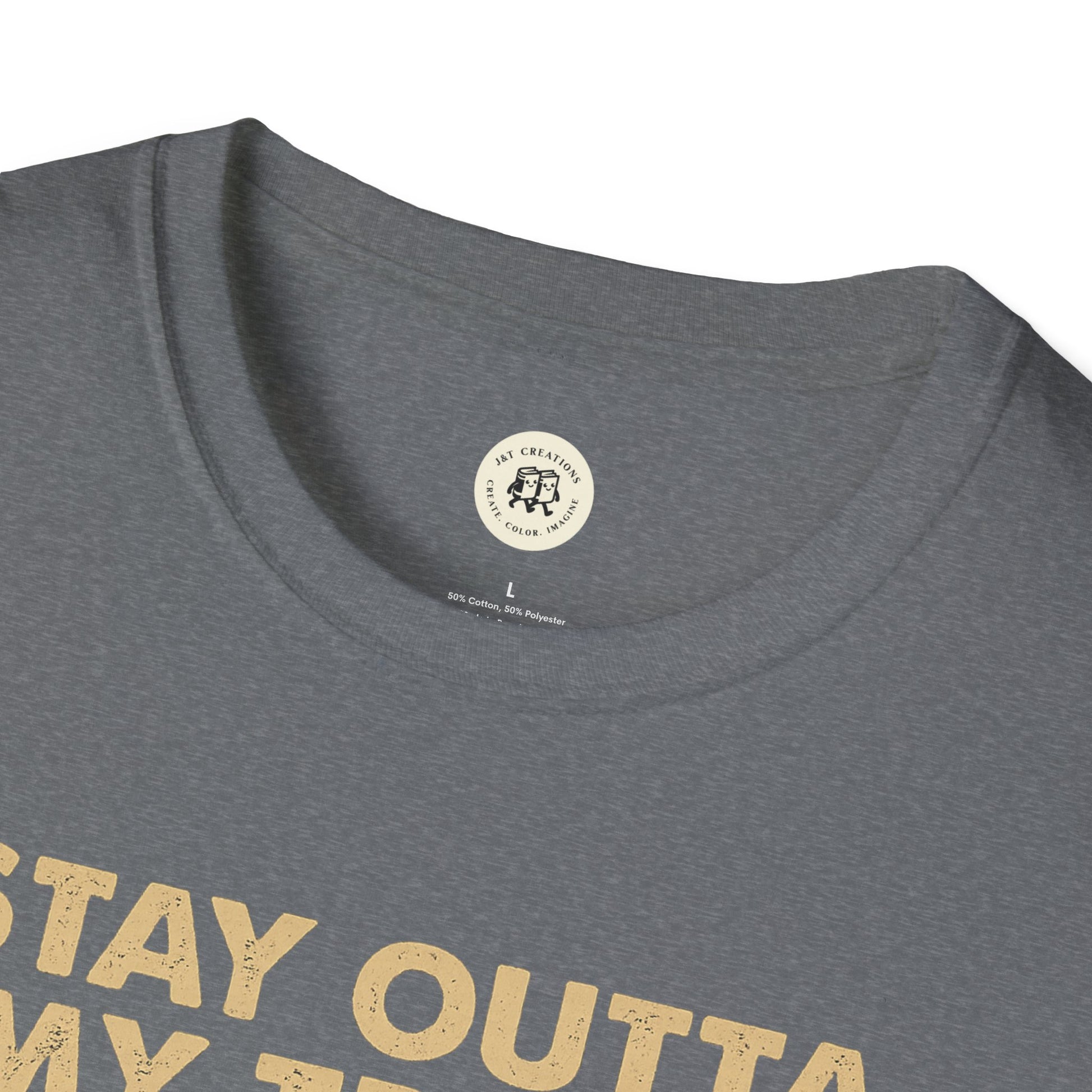 Close-up of gray Printify funny raccoon t-shirt with distressed yellow text and round neckline