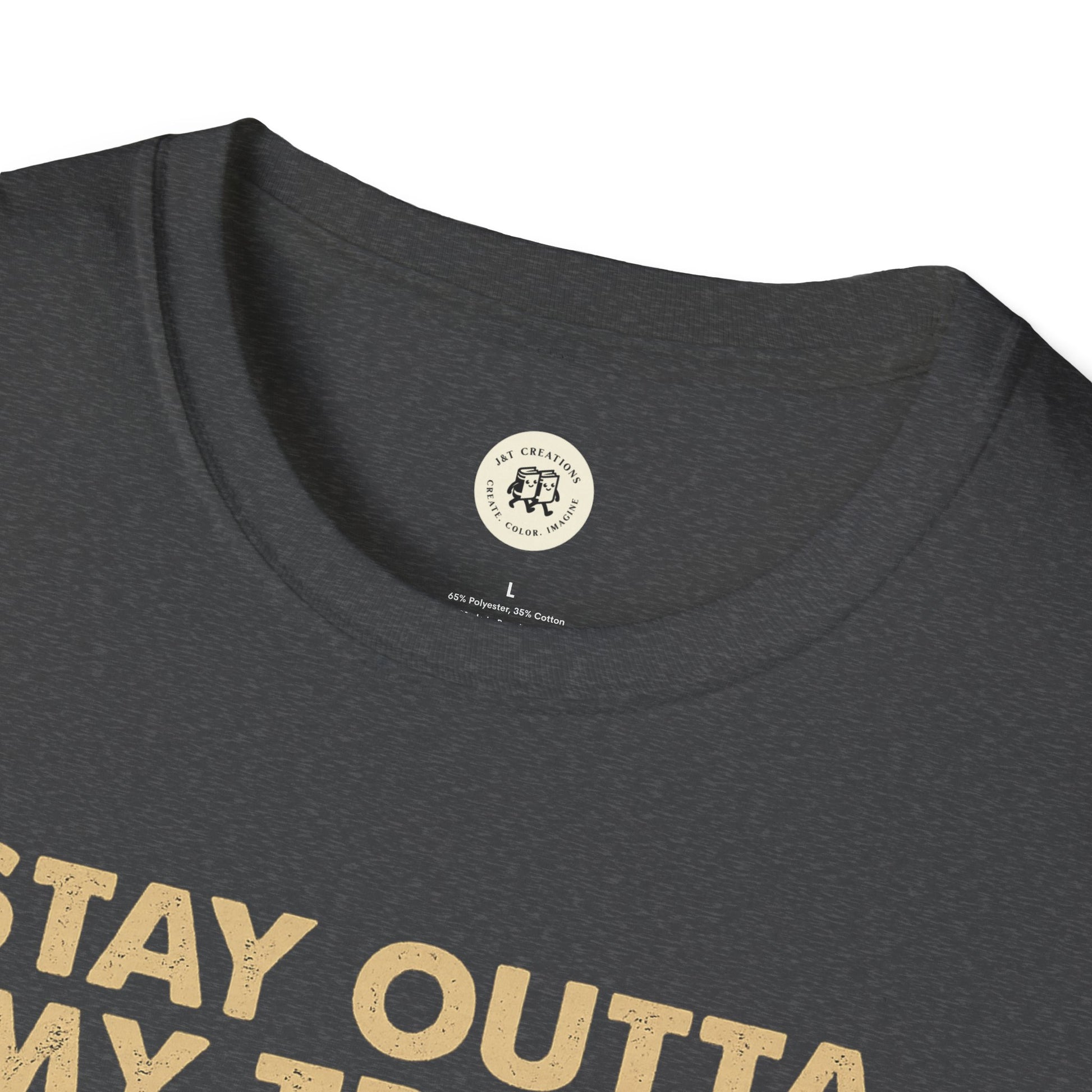 Close-up of black funny raccoon t-shirt neckline and partial text print by Printify