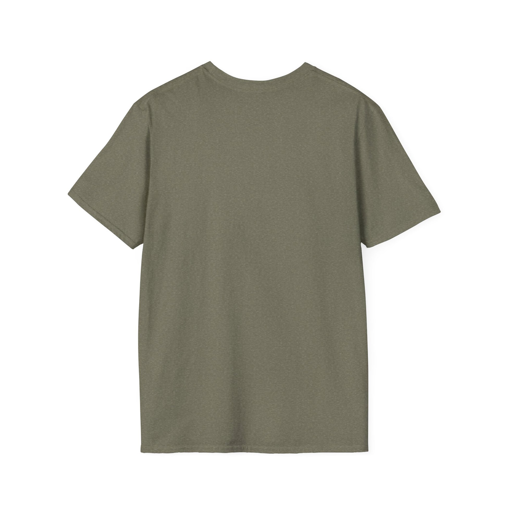 Olive green unisex t-shirt from Printify laid flat showing the back of the funny raccoon t-shirt
