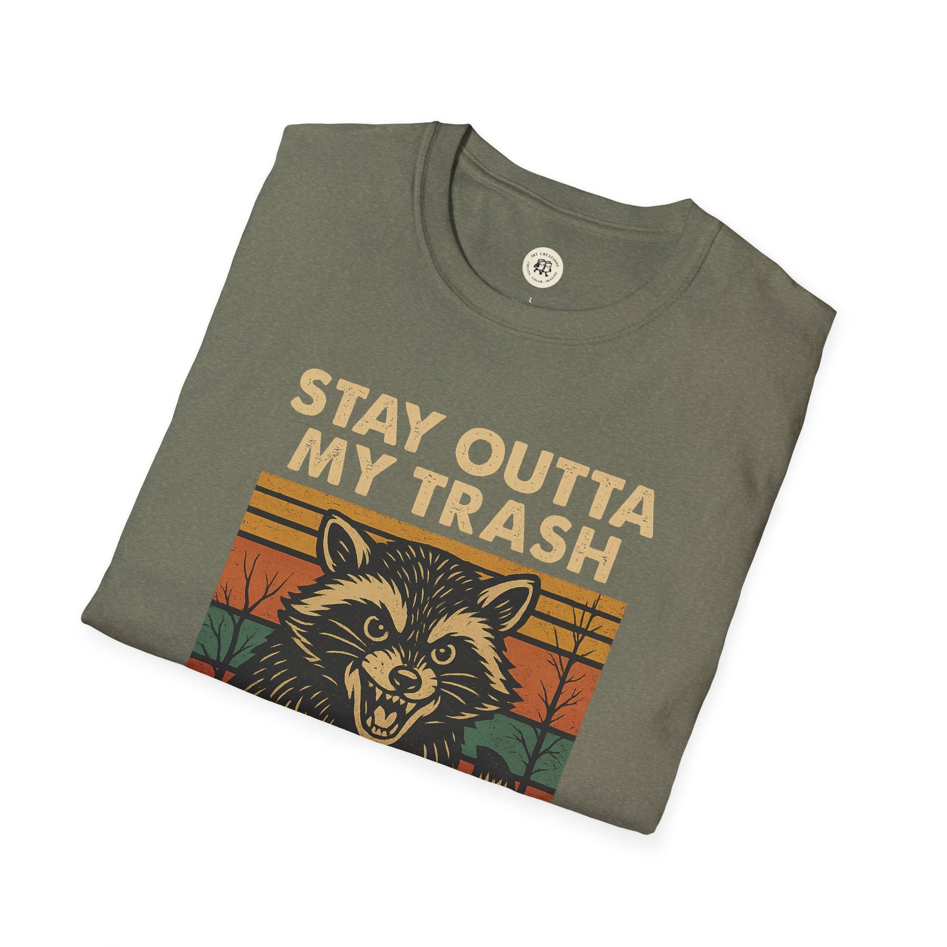 Printify funny raccoon t-shirt in olive green with Stay Outta My Trash design
