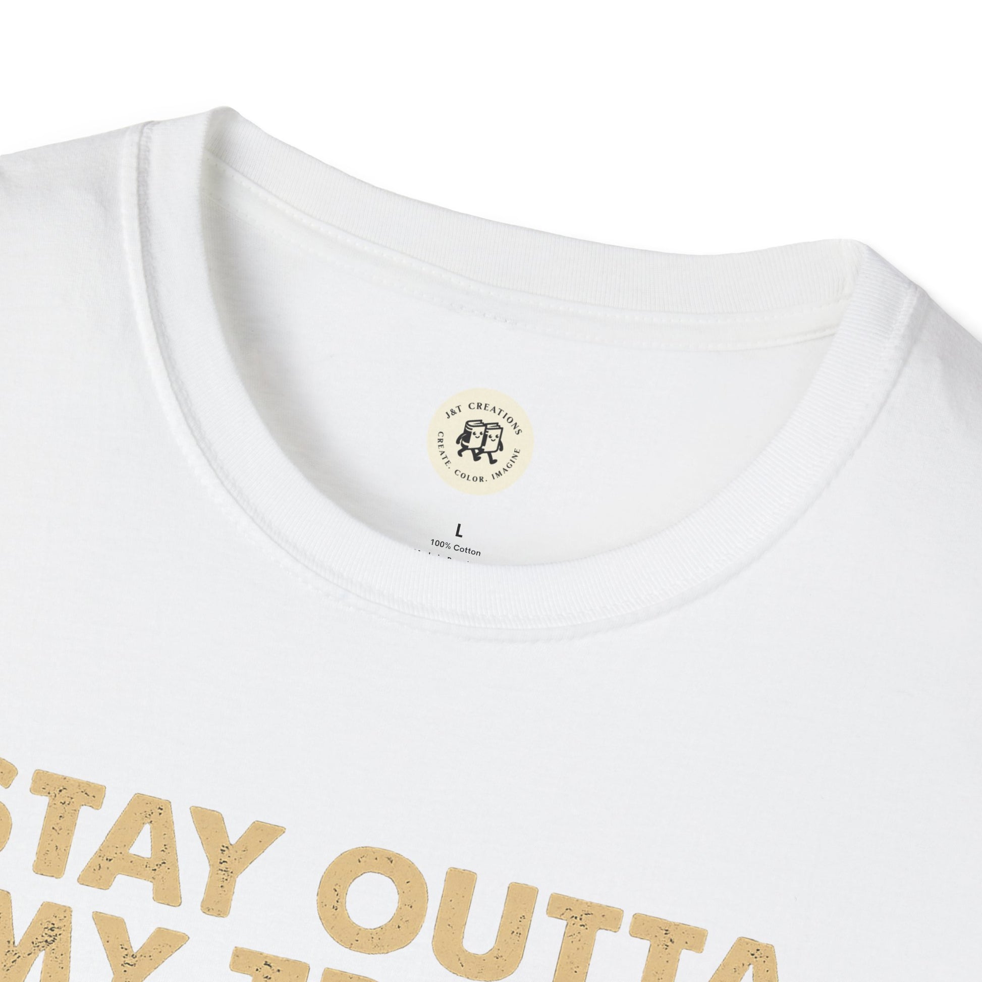 Close-up of white funny raccoon t-shirt collar and partial text print by Printify in size large