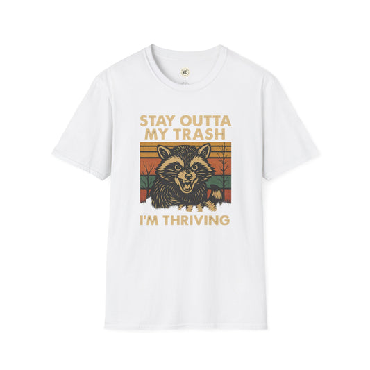 White funny raccoon t-shirt with Stay Outta My Trash graphic and thriving raccoon design