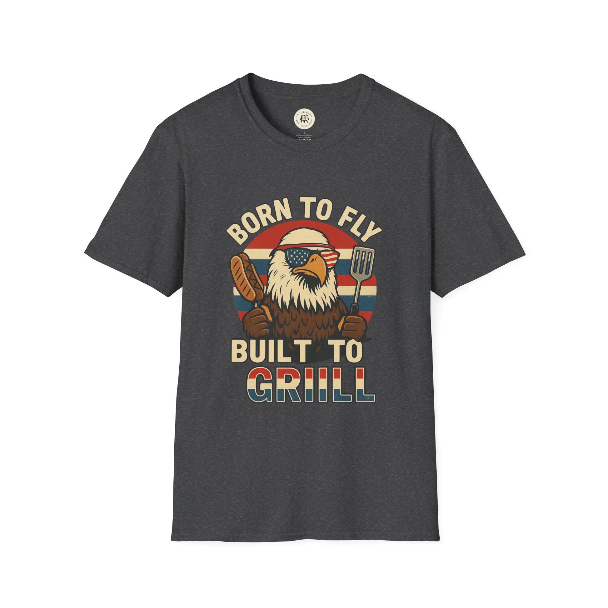 Printify funny summer BBQ shirts black T-shirt with eagle graphic holding grill spatula and sausage