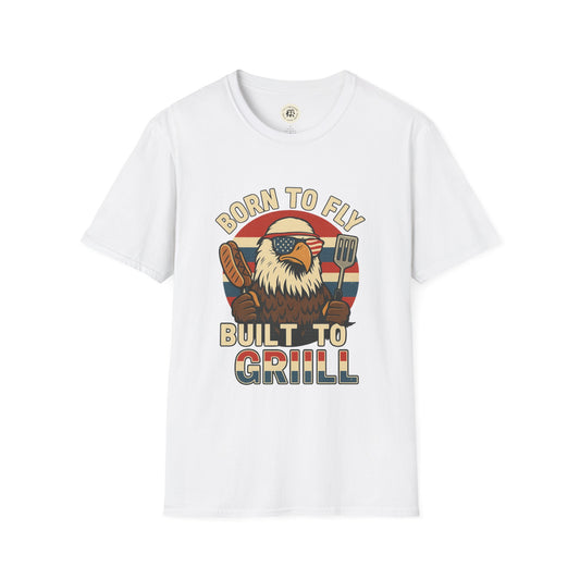 White Printify T-shirt with funny summer BBQ shirts design featuring eagle holding spatula and meat with Born to Fly Built to Grill text