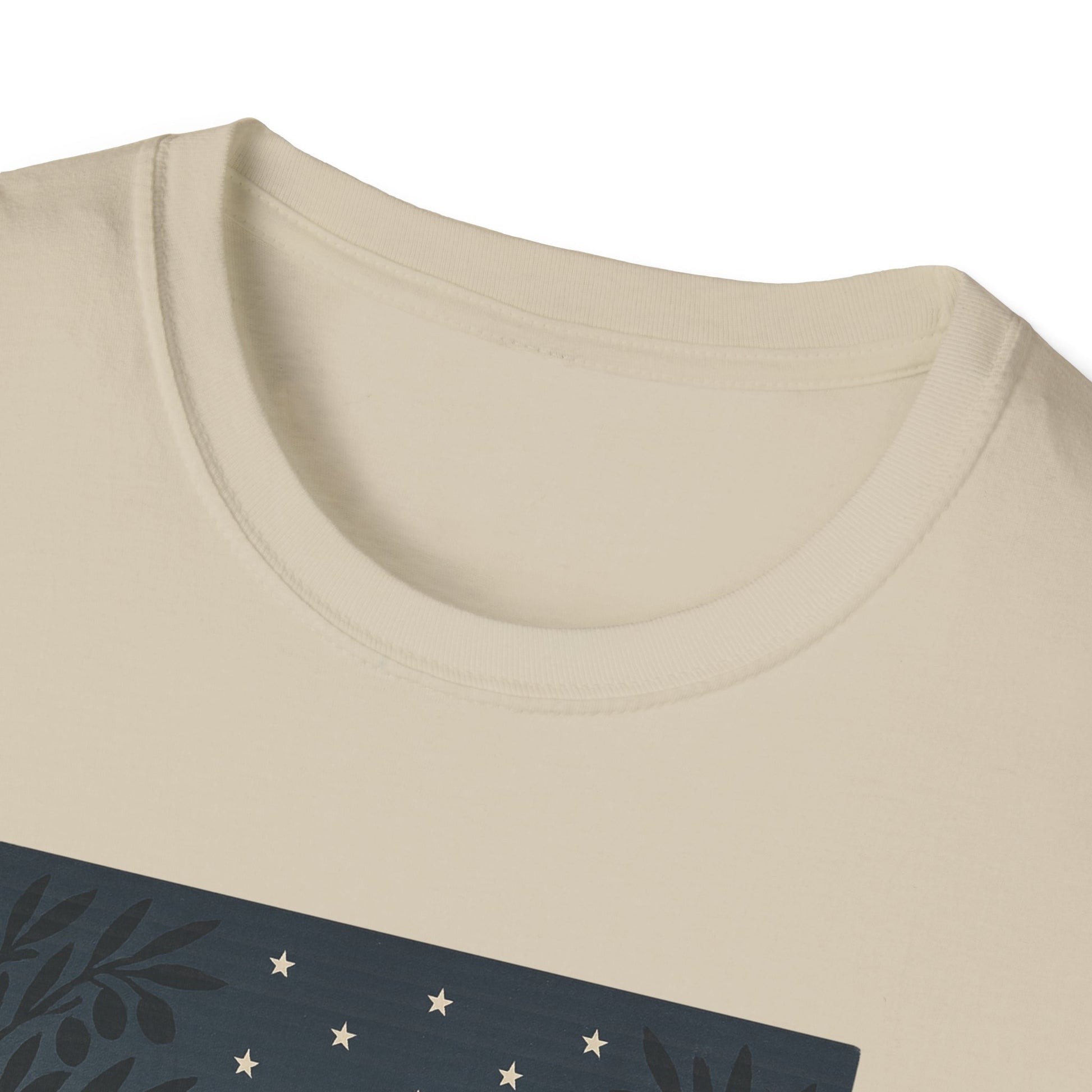 Close-up of Printify golden gate bridge summer t-shirt with cream neck and dark blue graphic