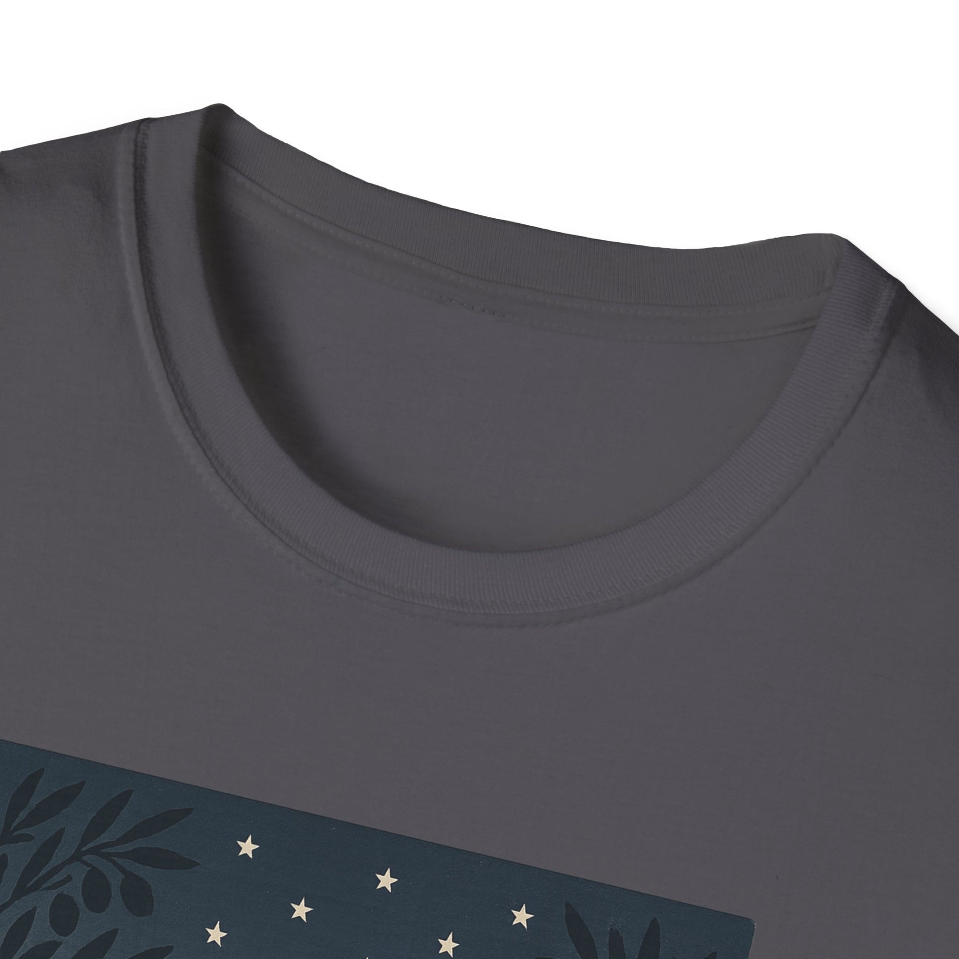 Close-up of Printify gray golden gate bridge summer t-shirt with star and leaf design on chest