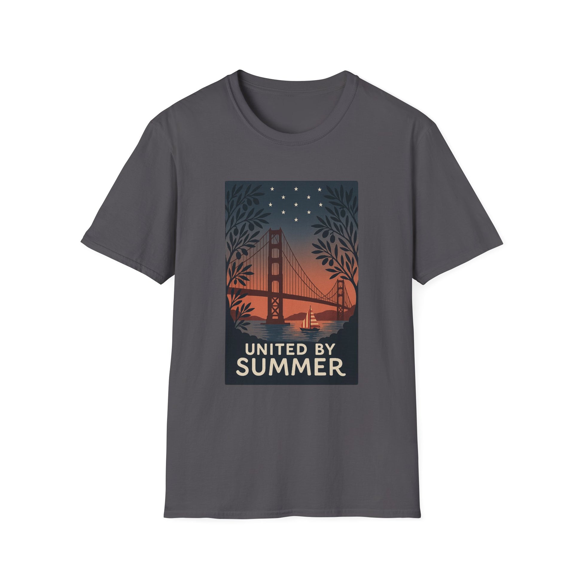 Printify gray t-shirt featuring a sunset Golden Gate Bridge design with United by Summer text golden gate bridge summer t-shirt