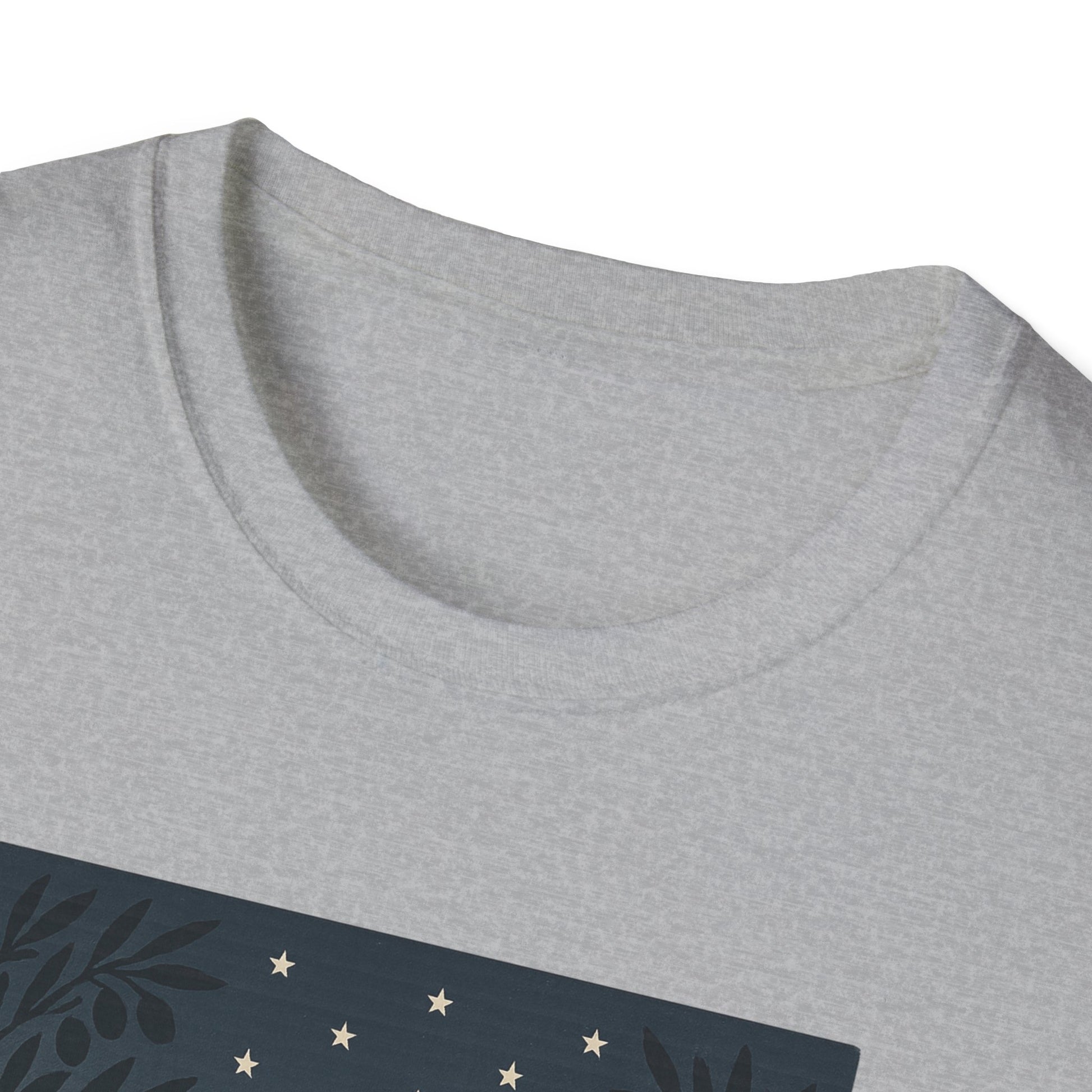 Printify gray t-shirt close-up showing neckline and part of design for golden gate bridge summer t-shirt
