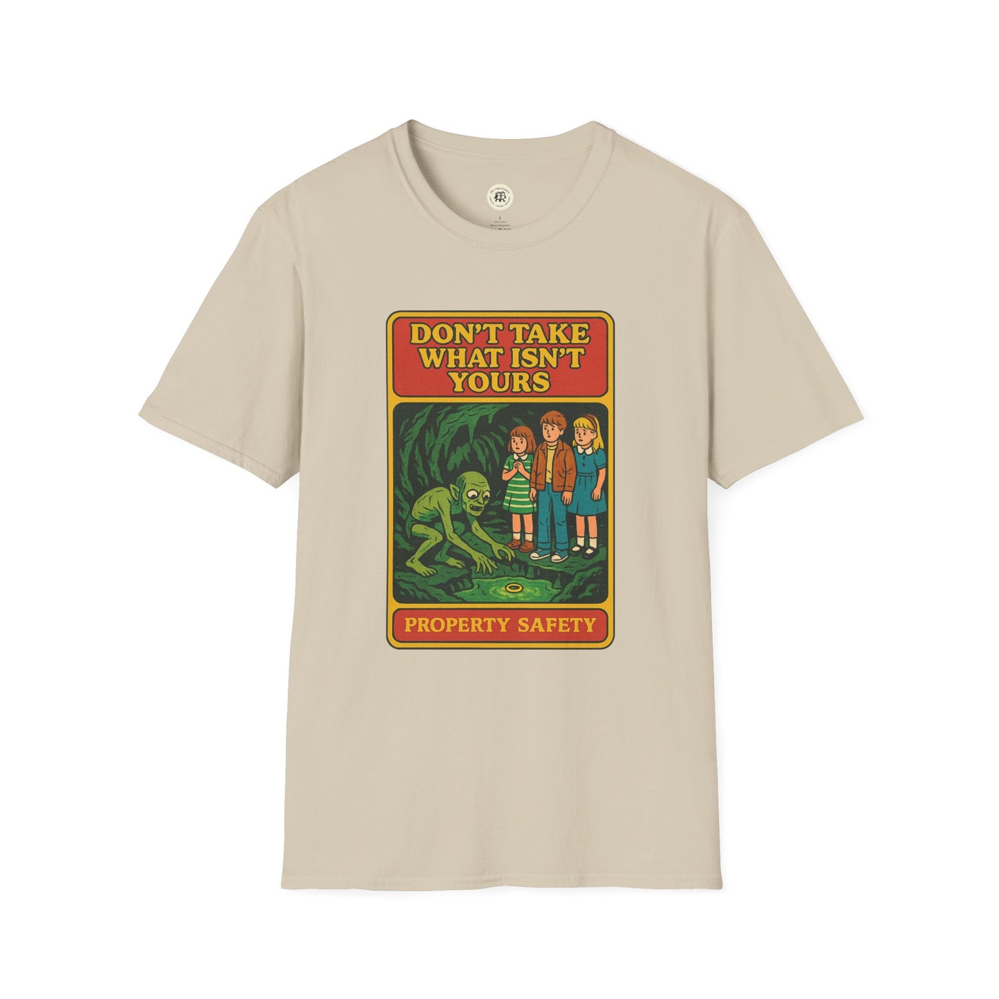 Printify beige Gollum property safety t-shirt with cartoon graphic and text warning about property