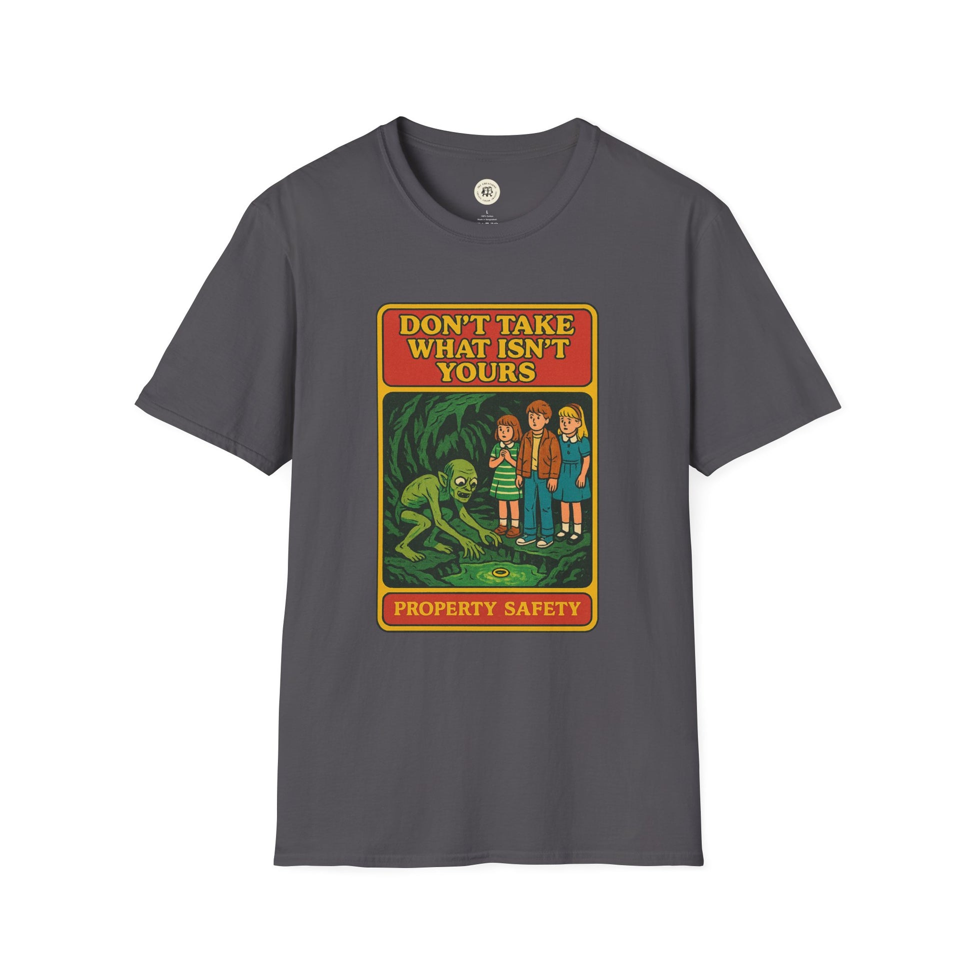 Gray Printify Gollum property safety t-shirt with cartoon design and safety message