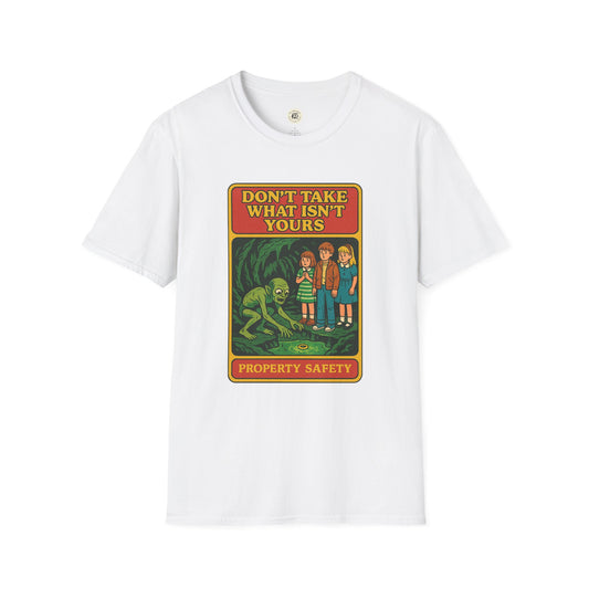 White Printify t-shirt featuring Gollum property safety t-shirt design with warning message and characters