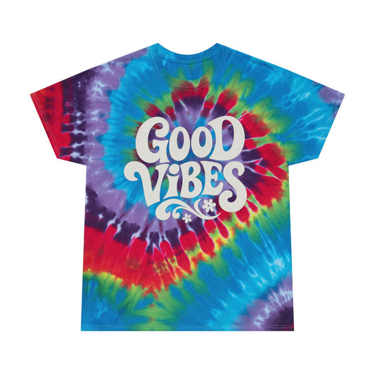 Printify festival tie dye t shirt with colorful spiral pattern and Good Vibes text