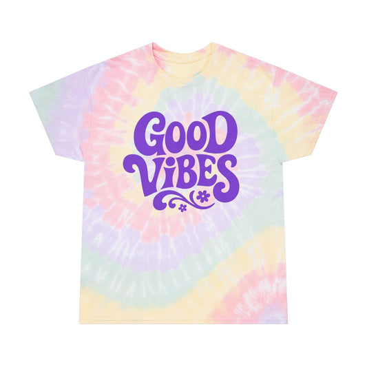 Printify rainbow tie-dye t-shirt with Good Vibes graphic in purple on pastel swirl background