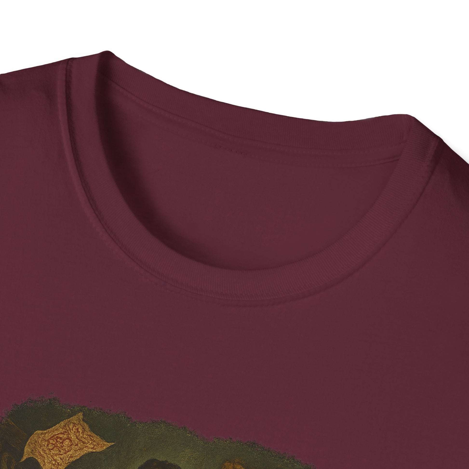 Maroon Printify T-Shirt close-up showing neckline and partial Gothic Pride and Prejudice shirt design