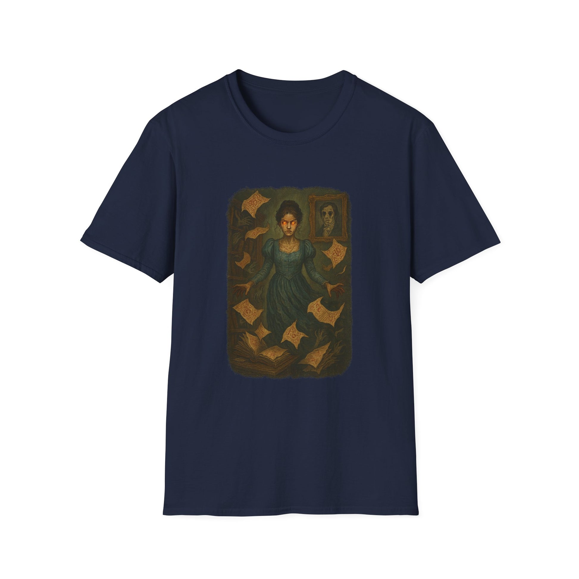 Navy Gothic Pride and Prejudice shirt featuring a dark artistic illustration of a woman with floating pages