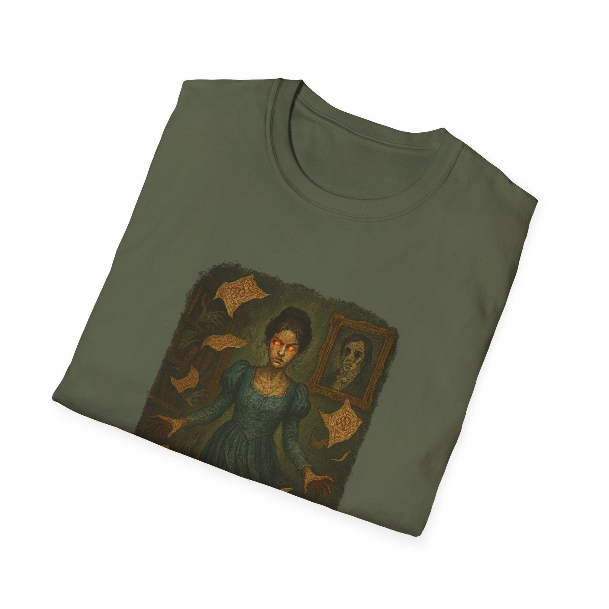 Printify Gothic Pride and Prejudice shirt with dark vintage artwork of a woman in a teal dress and floating letters