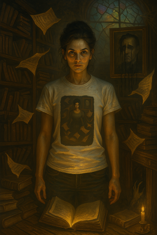 Printify Gothic Pride and Prejudice shirt worn by a woman in a dark library with floating pages and candlelight