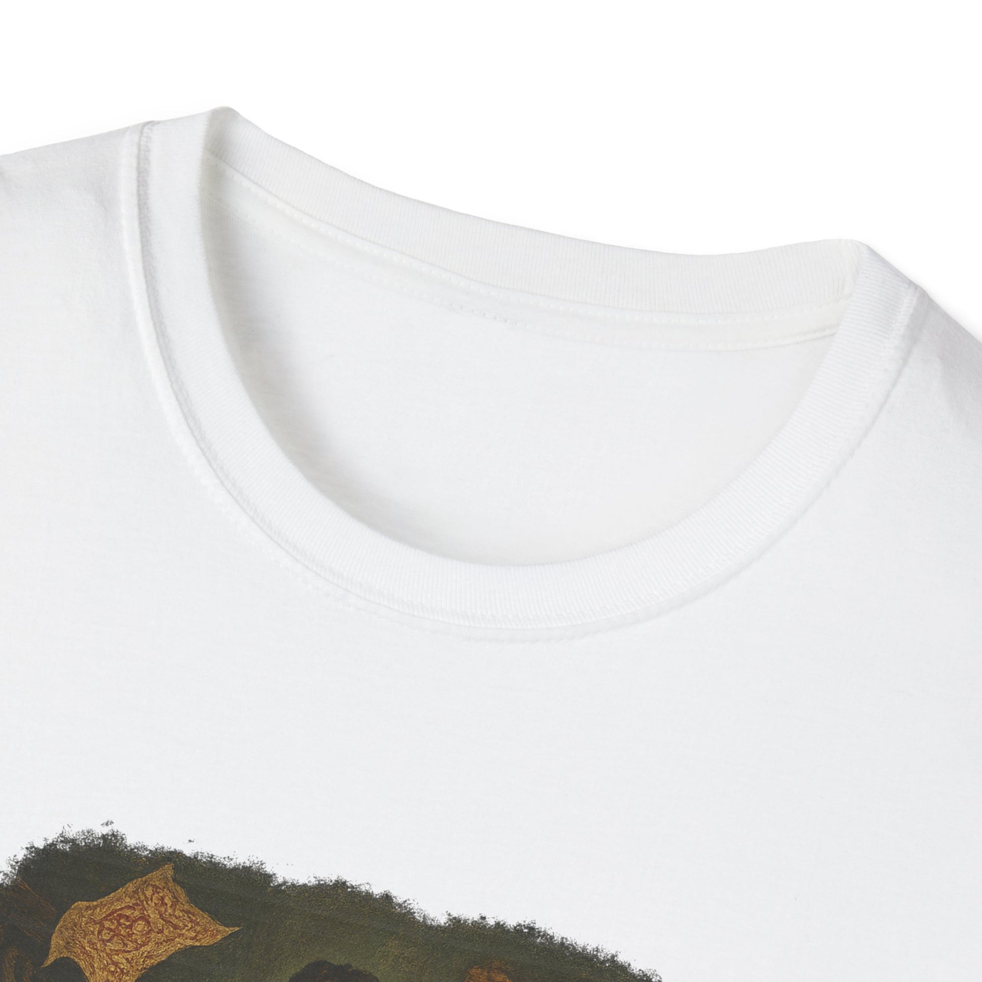 Close-up of white Gothic Pride and Prejudice shirt by Printify showing collar and partial design