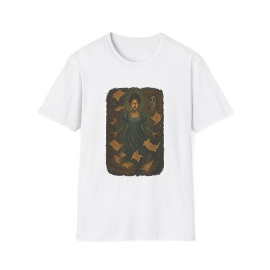 White Printify T-Shirt featuring a dark, gothic-style illustration of a woman surrounded by floating pages Gothic Pride and Prejudice shirt