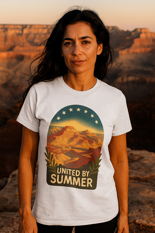 Woman wearing a white Grand Canyon patriotic shirt with vintage summer design outdoors