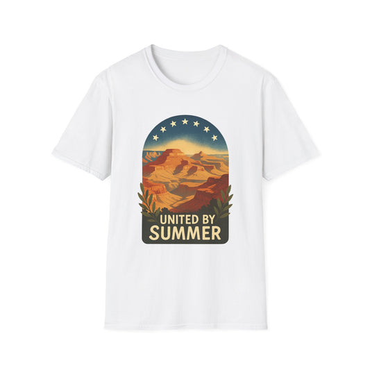 Printify white T-shirt featuring Grand Canyon patriotic shirt design with United By Summer text