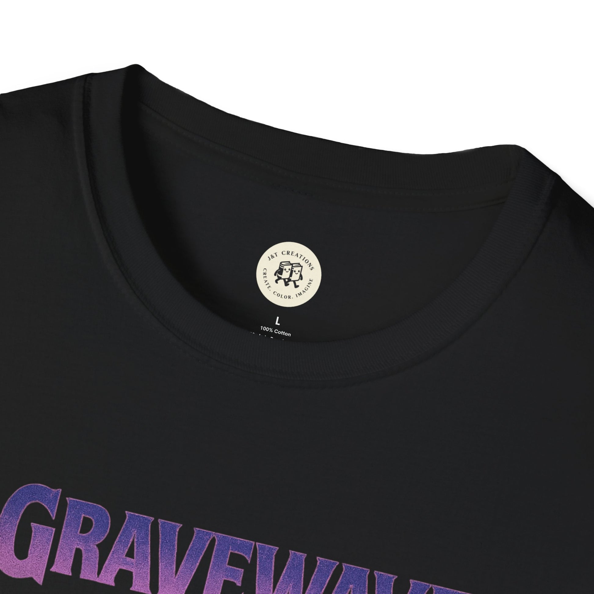 Black Gravewave Tour 1987 shirt by Printify with purple vintage-style text on cotton fabric