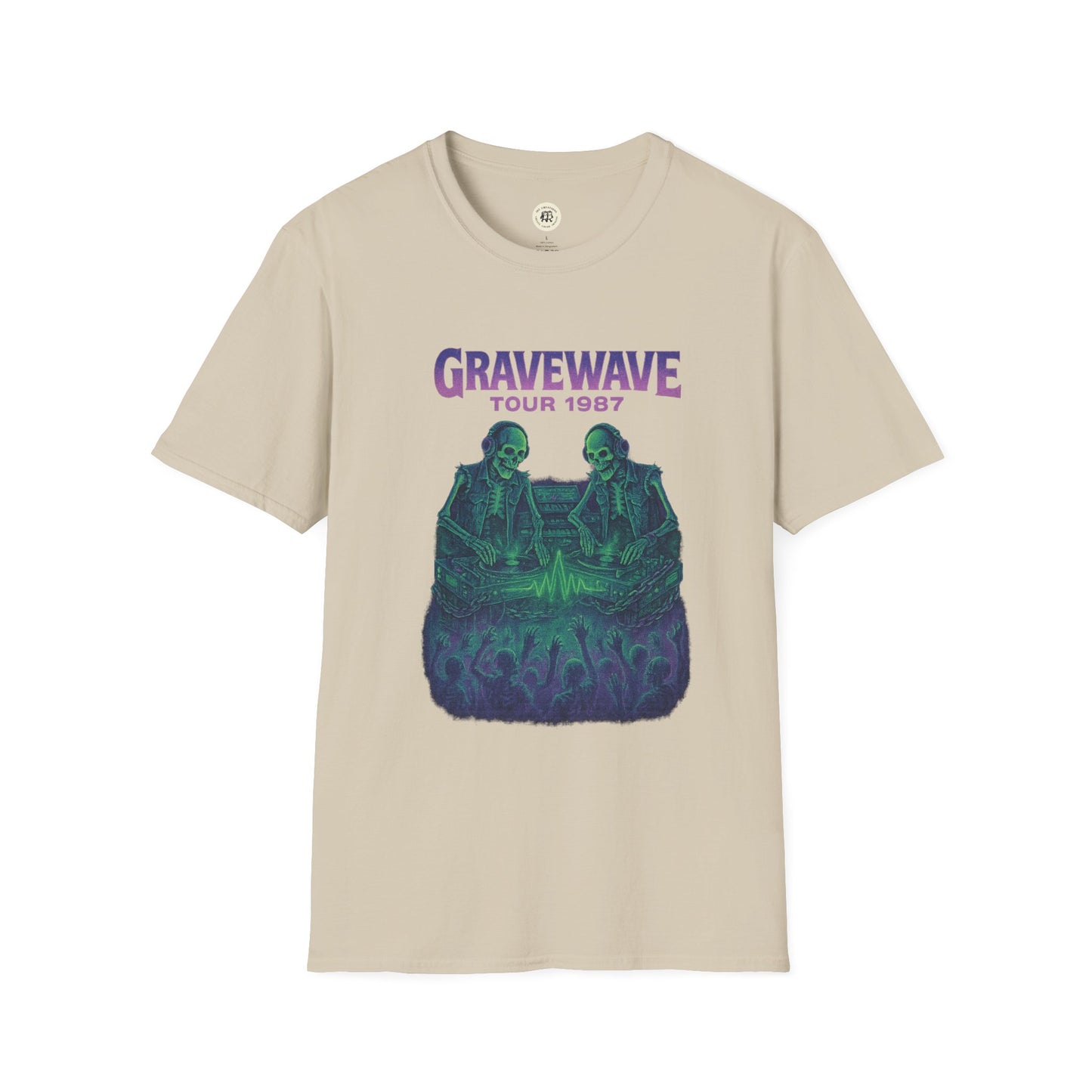 Beige Printify Gravewave Tour 1987 shirt featuring skeletons and crowd graphic design