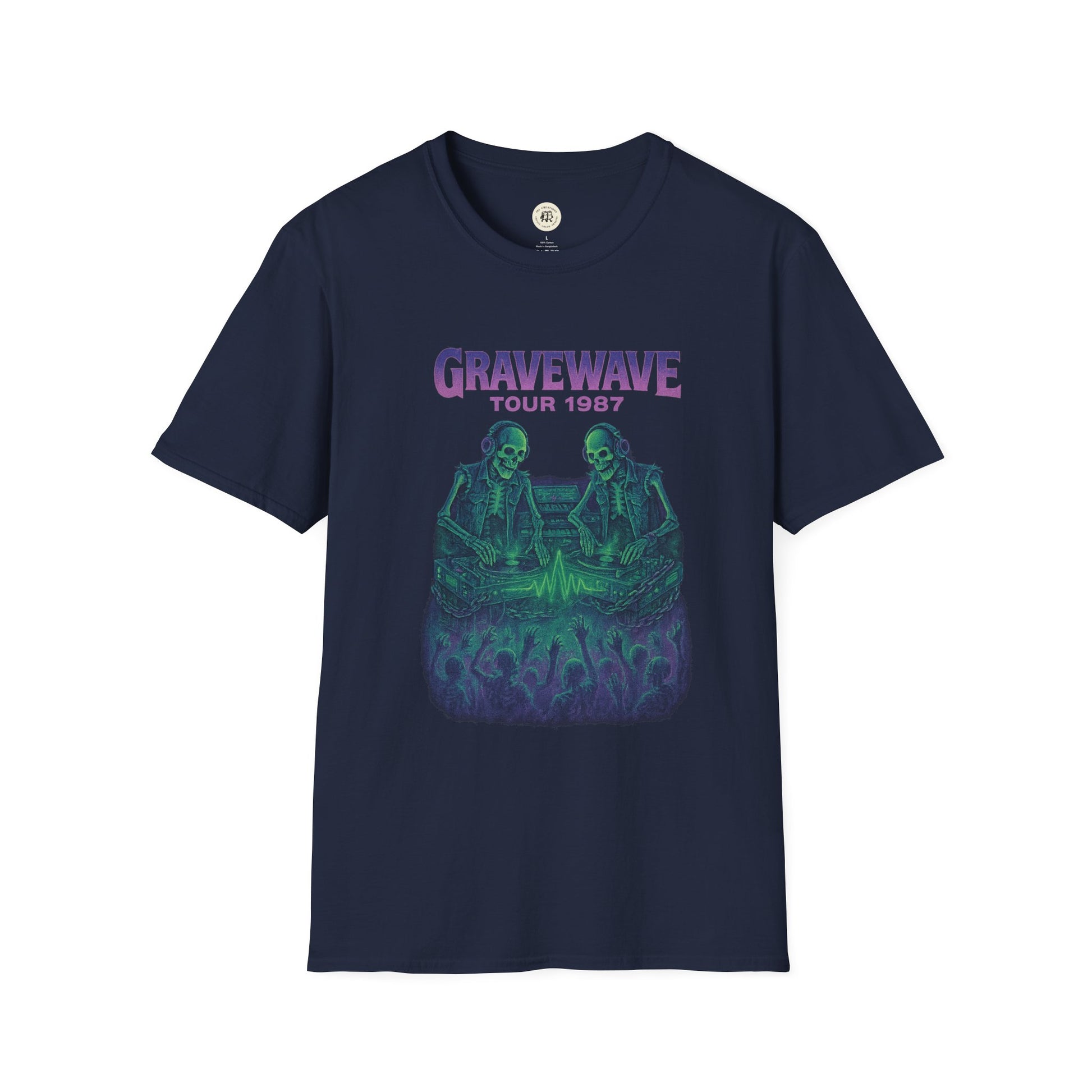 Navy blue Gravewave Tour 1987 shirt with skeleton DJ graphic and purple text by Printify