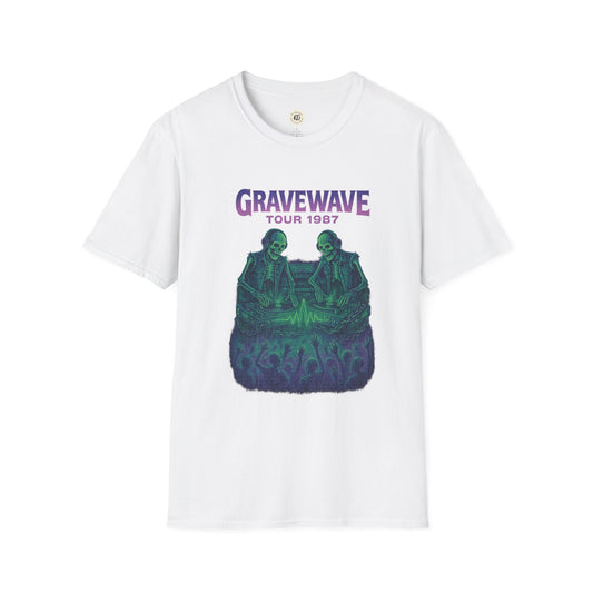 White Printify Gravewave Tour 1987 shirt featuring two skeletons and purple green graphic design
