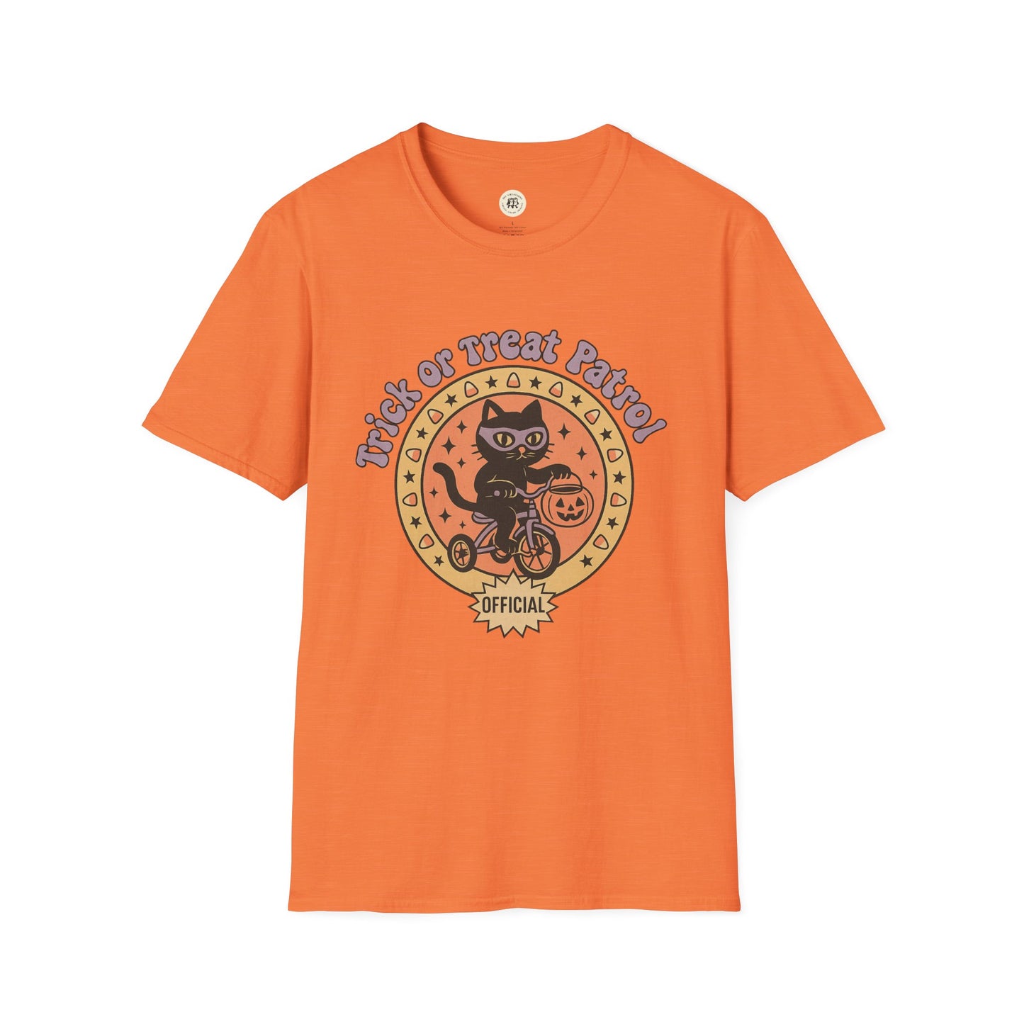 Orange Halloween cat t-shirt with a black cat riding a bike and Trick or Treat Patrol design
