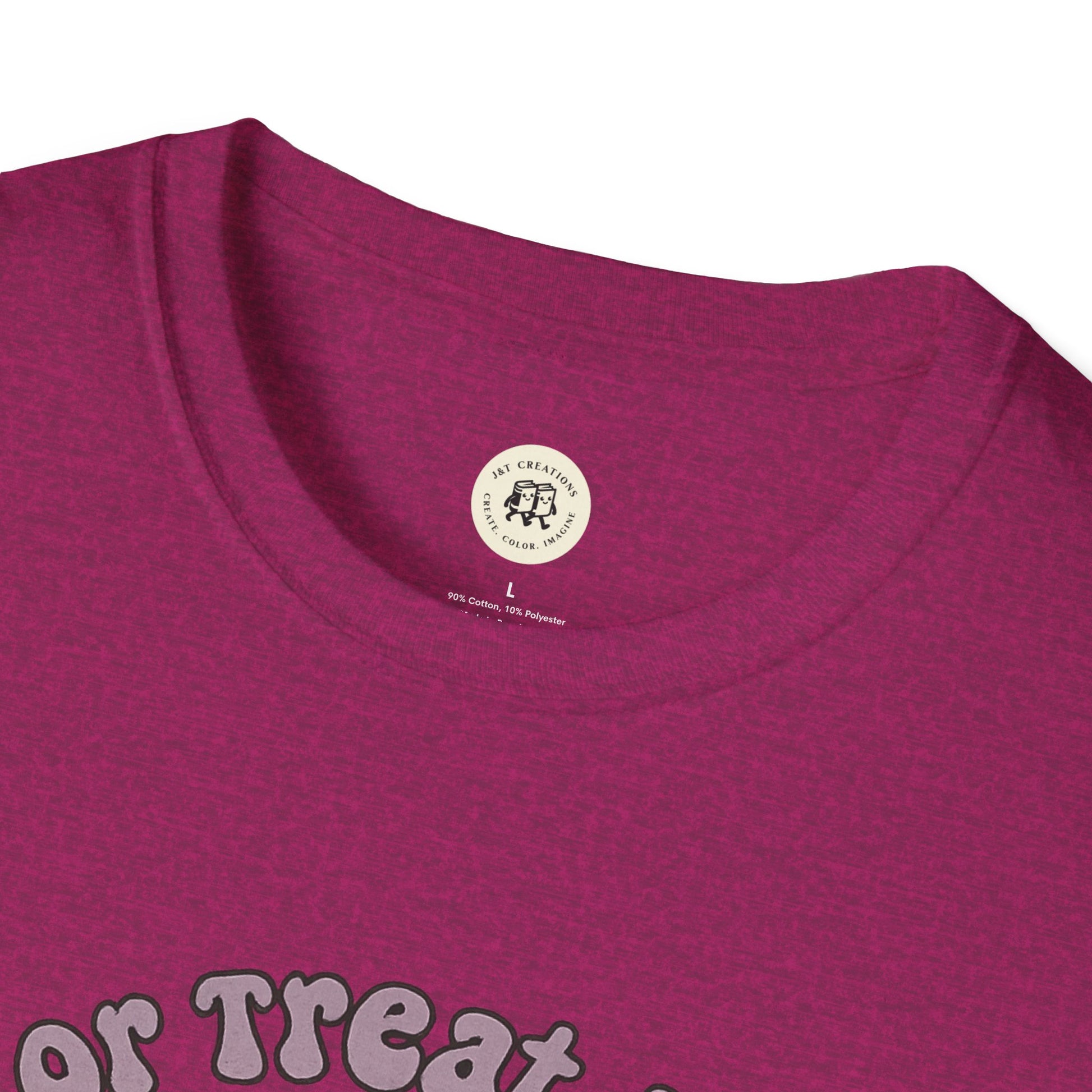Close-up of Printify Halloween cat t-shirt neckline in maroon with cotton blend fabric