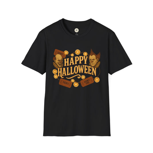 Black Printify Halloween graphic t-shirt with Happy Halloween text and spooky clown faces