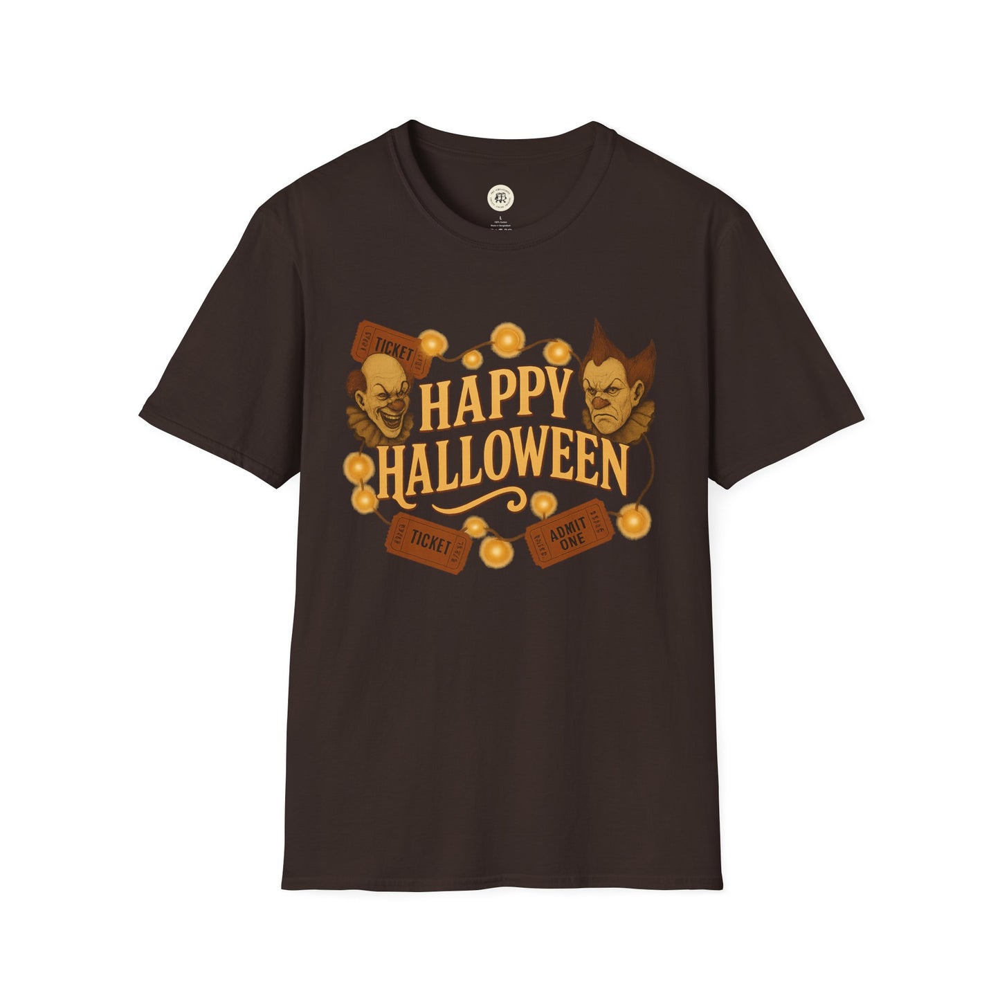Black Printify Halloween graphic t-shirt with Happy Halloween text and spooky clown and vampire faces
