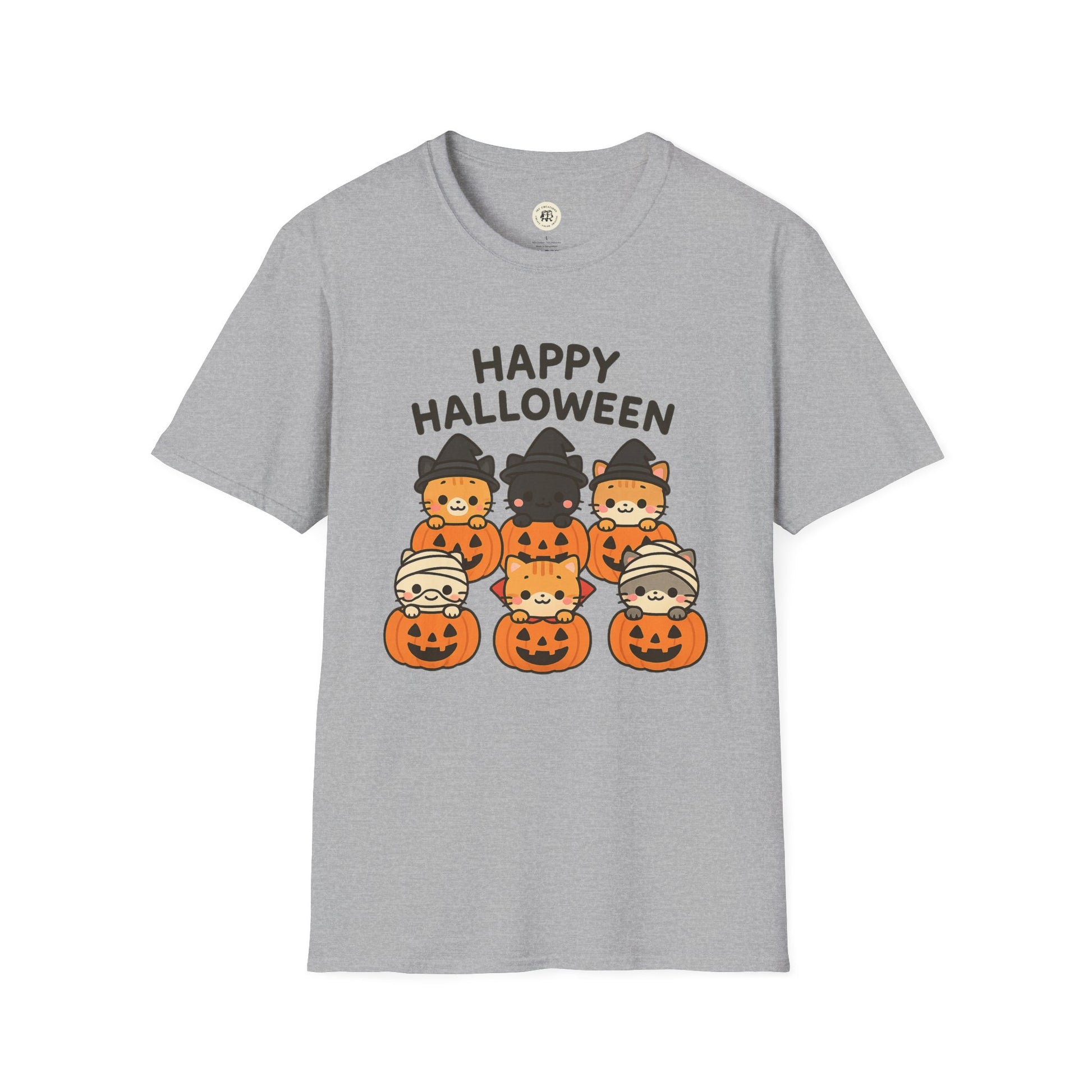 Gray Halloween pumpkin graphic tee with cute cats dressed in costumes and happy Halloween text