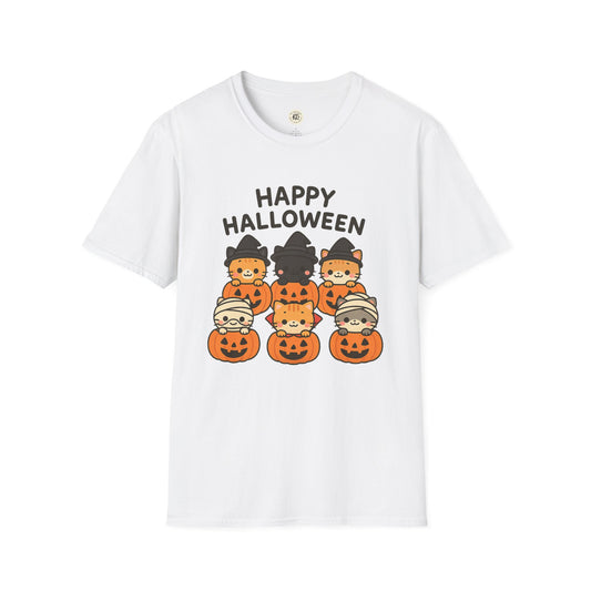White Halloween pumpkin graphic tee with cute cats in costumes sitting in pumpkins and Happy Halloween text