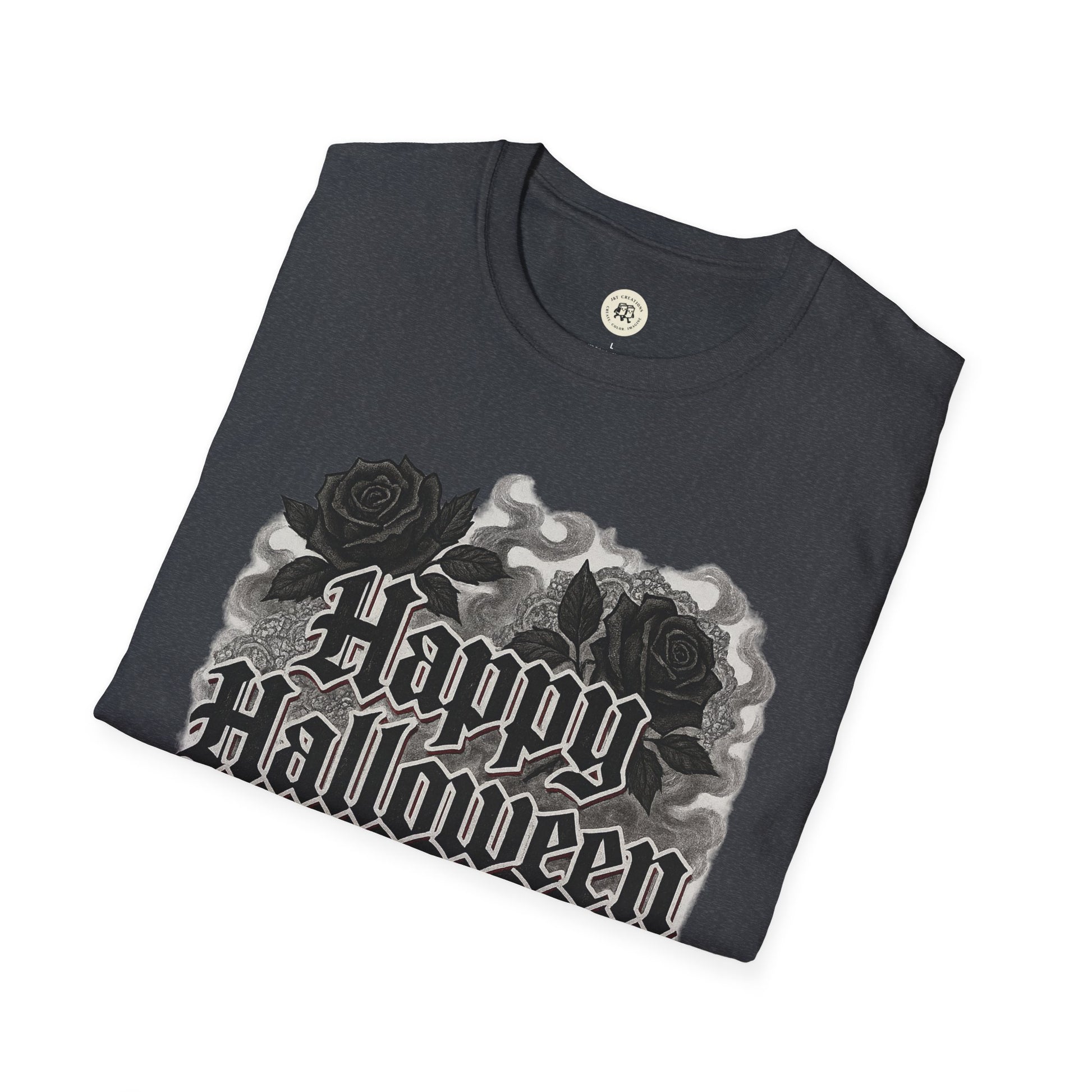 Black Halloween rose graphic t-shirt by Printify with gothic Happy Halloween design and dark rose illustrations