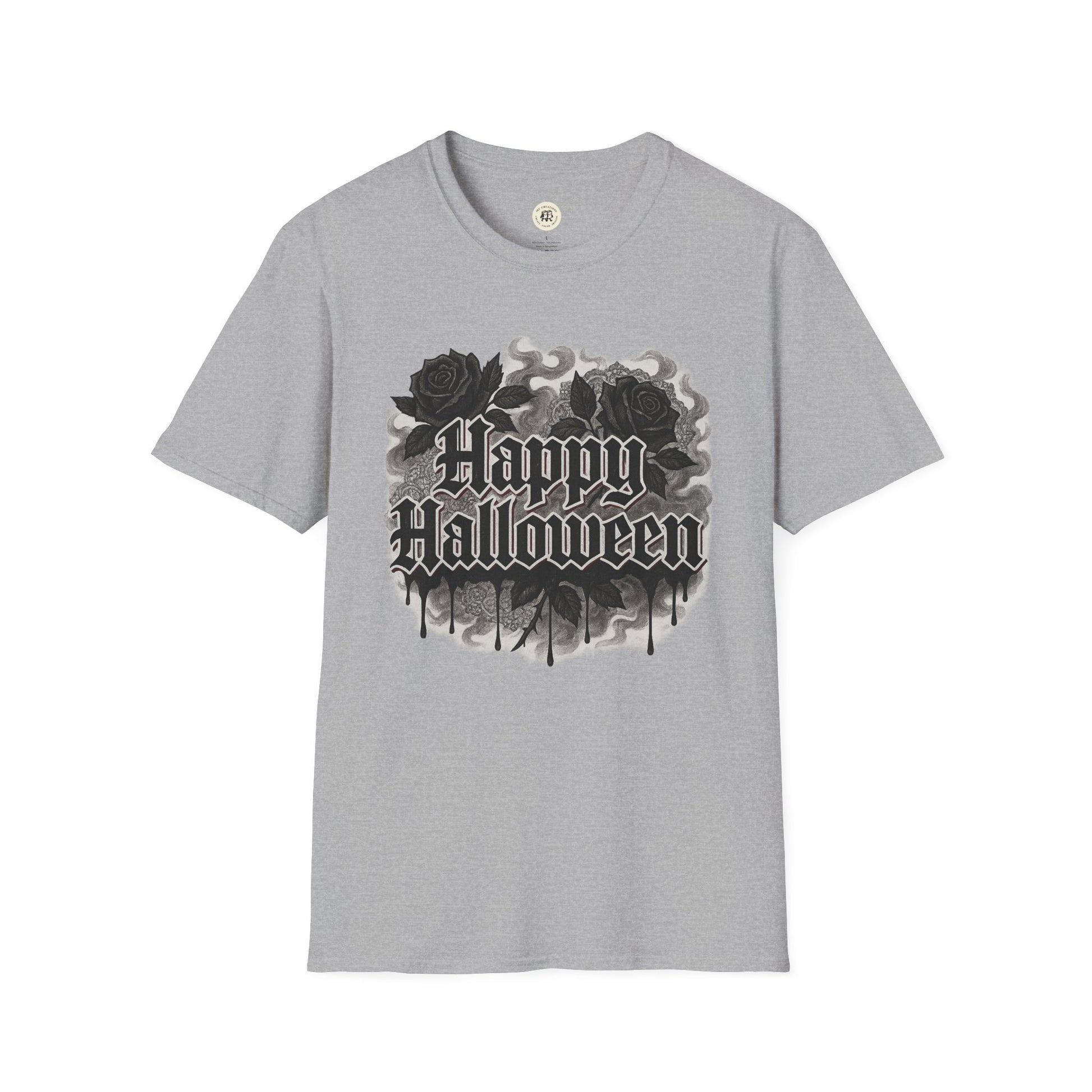Printify Halloween rose graphic t-shirt in gray with black roses and Happy Halloween text